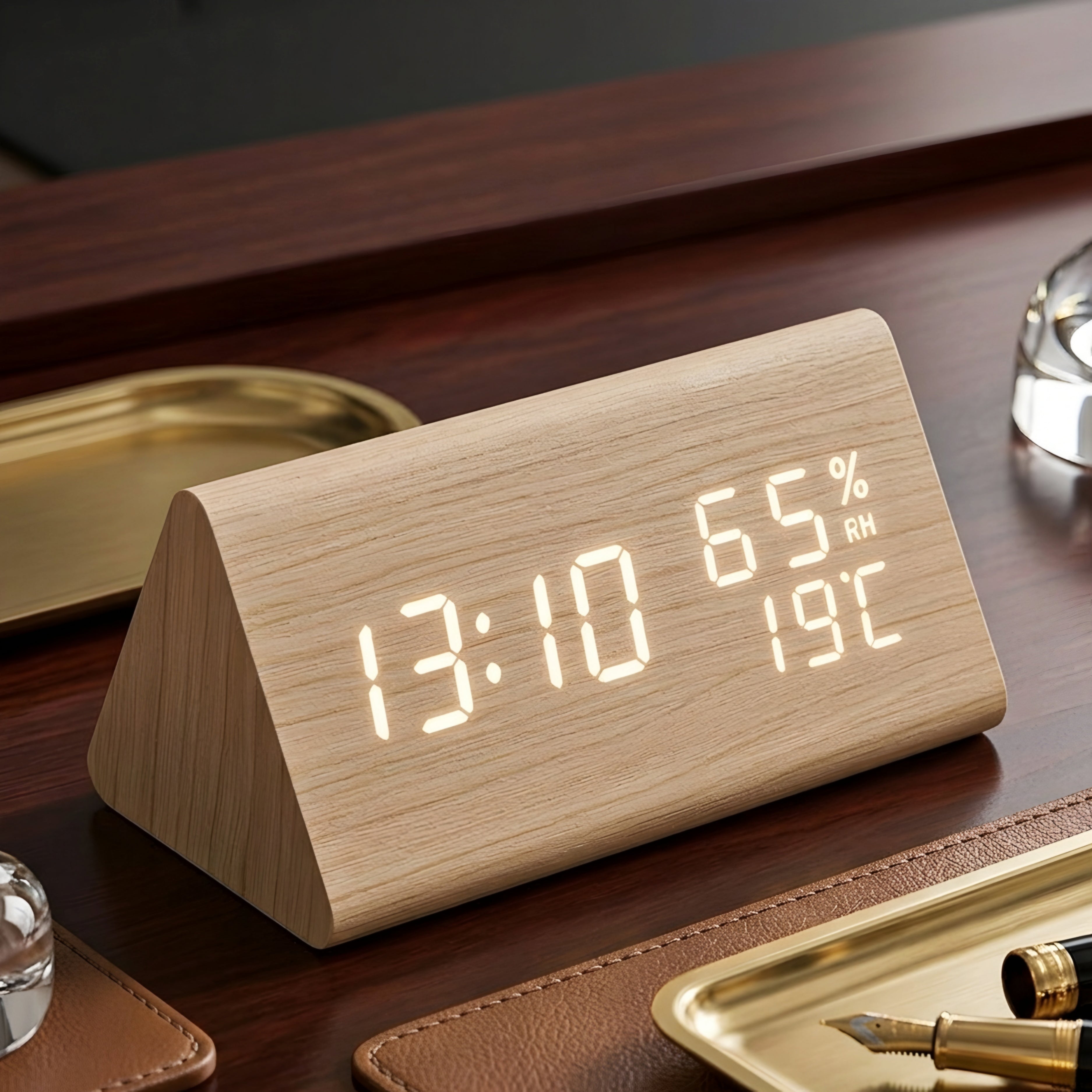 Creston Digital Alarm Clock – LED Wood Grain Temperature Display Bedroom Nightstand Modern Desk Clock