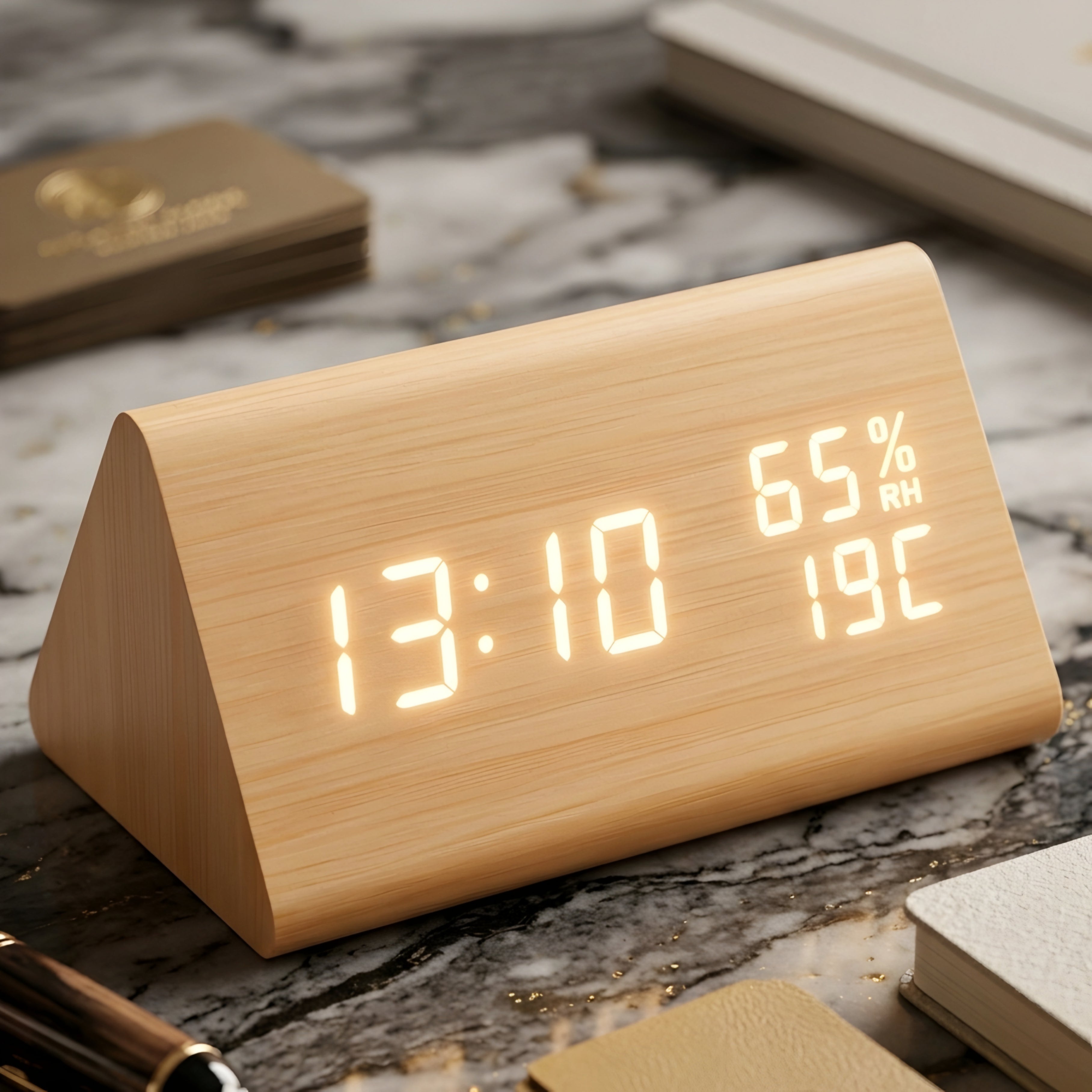 Creston Digital Alarm Clock – LED Wood Grain Temperature Display Bedroom Nightstand Modern Desk Clock
