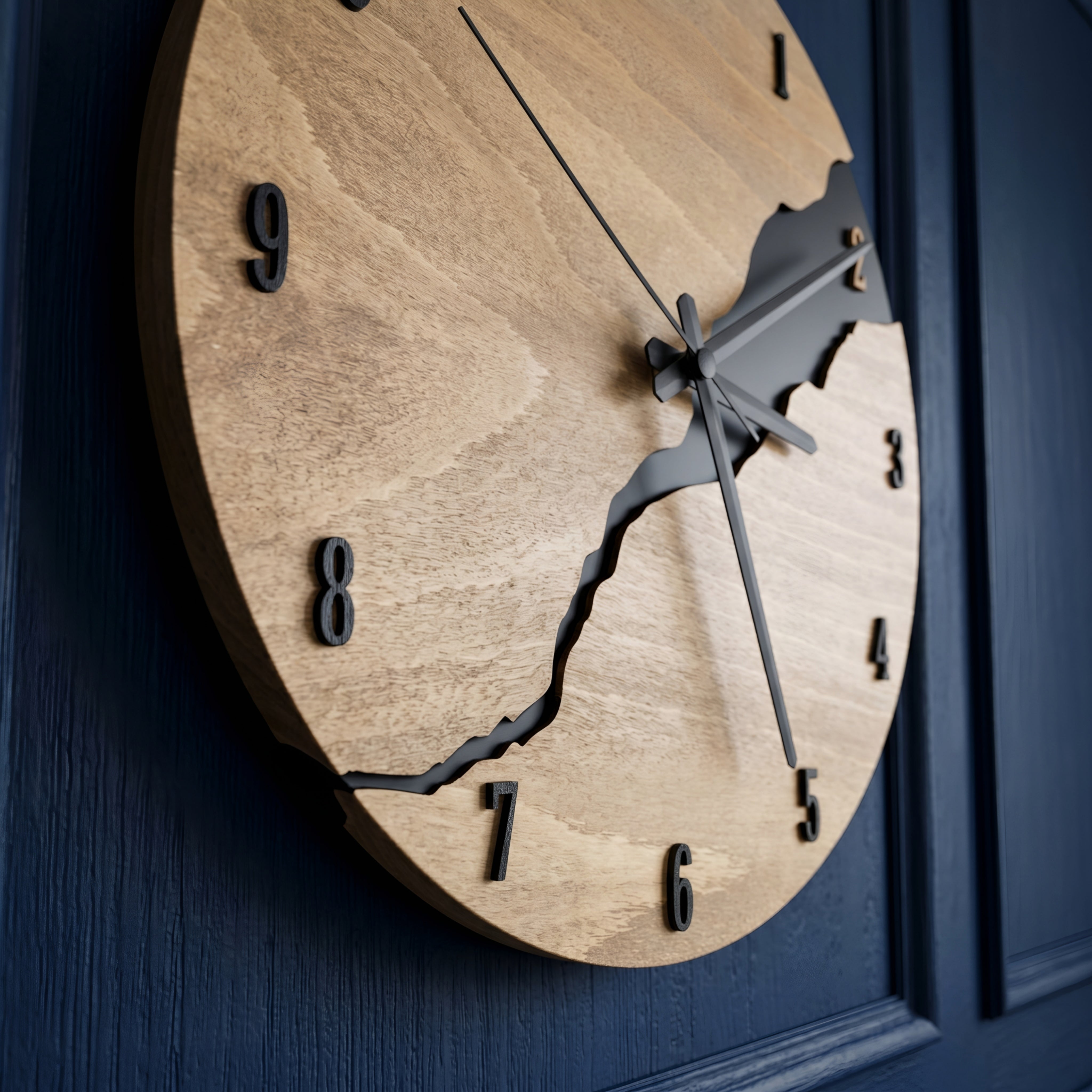 Rivven Wood Wall Clock – Modern Minimalist Round Natural Oak Black Silhouette Decorative Living Room