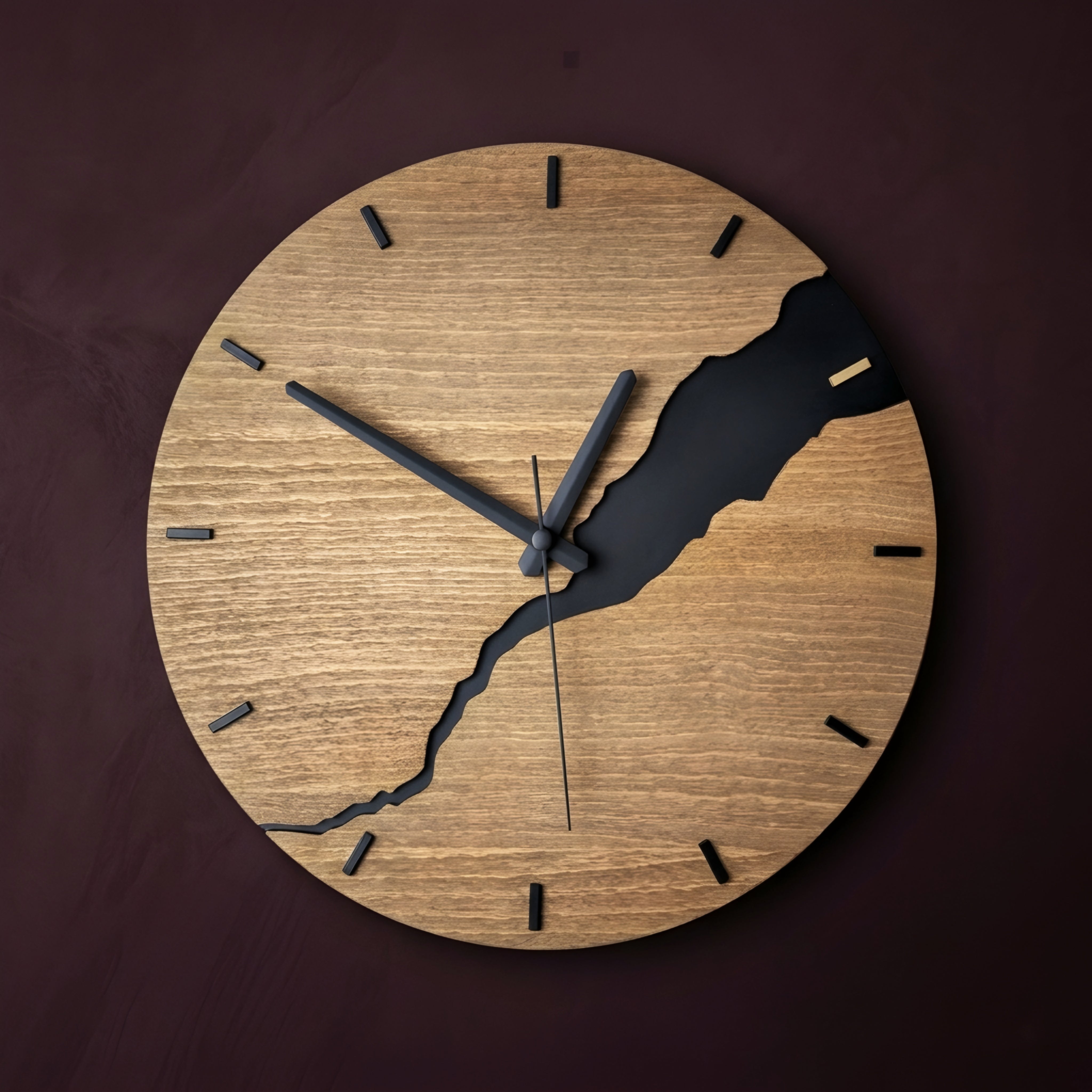 Rivven Wood Wall Clock – Modern Minimalist Round Natural Oak Black Silhouette Decorative Living Room