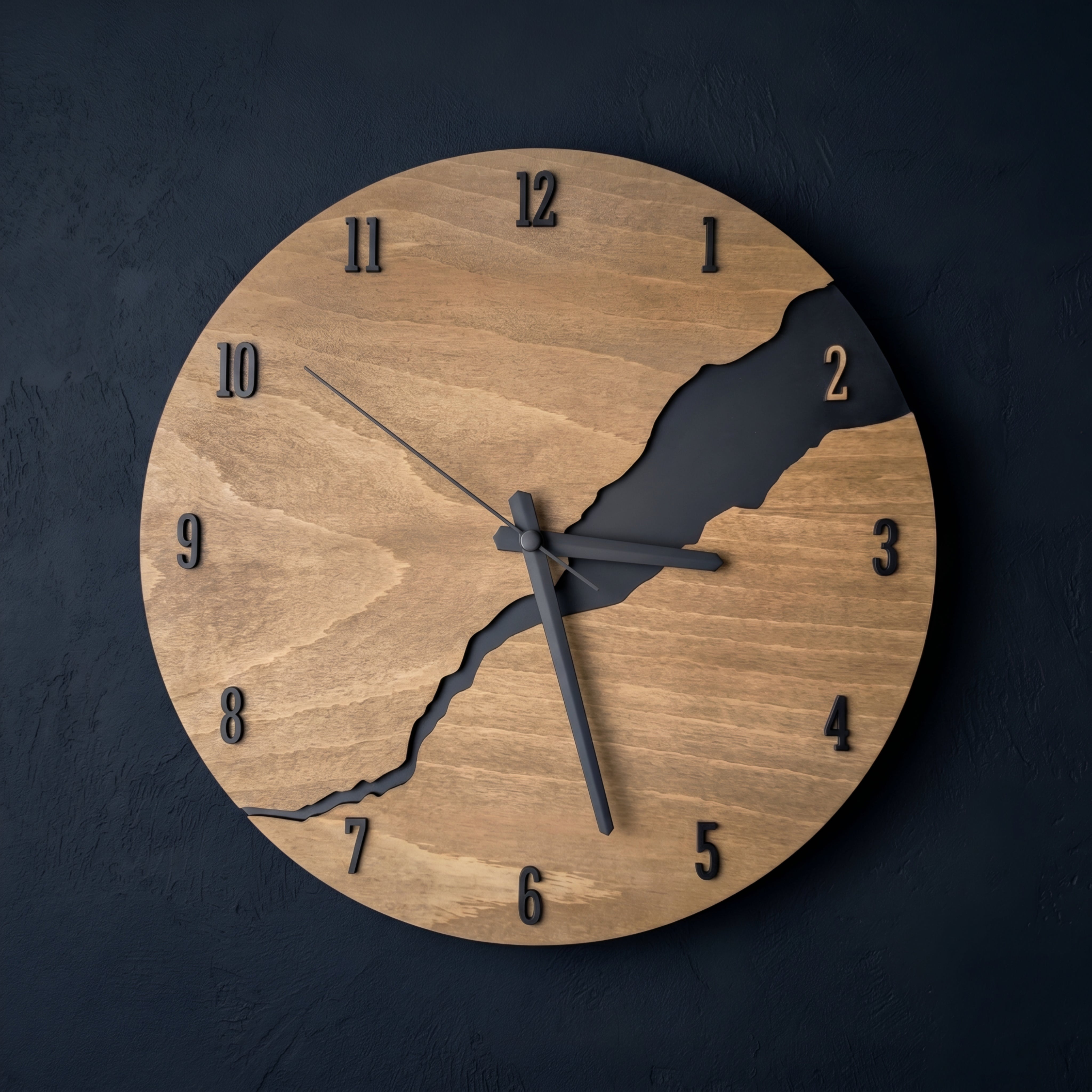 Rivven Wood Wall Clock – Modern Minimalist Round Natural Oak Black Silhouette Decorative Living Room