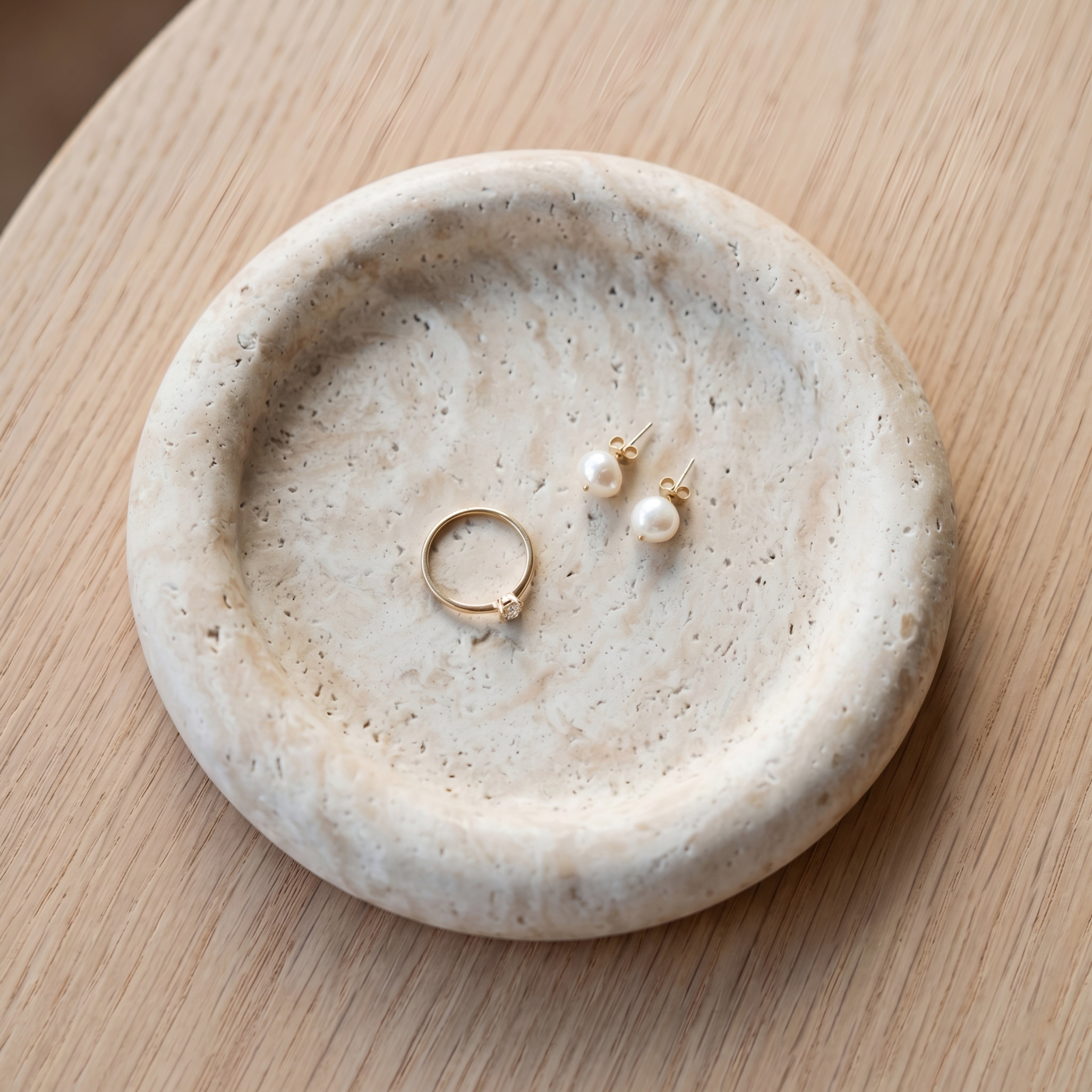 Circulus Stone Tray – Round Travertine Decorative Catchall Dish Minimalist Marble Entryway Jewelry Holder