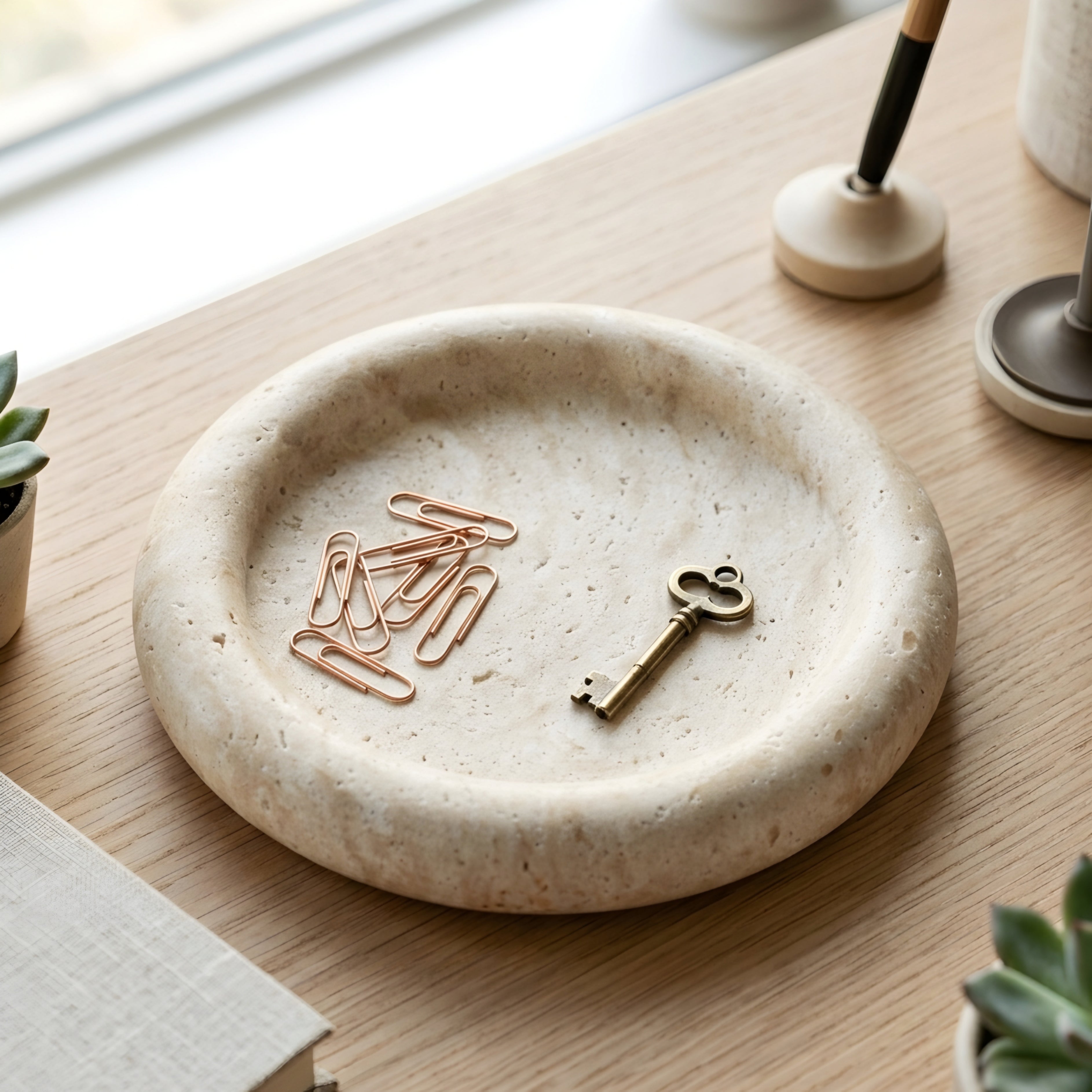 Circulus Stone Tray – Round Travertine Decorative Catchall Dish Minimalist Marble Entryway Jewelry Holder