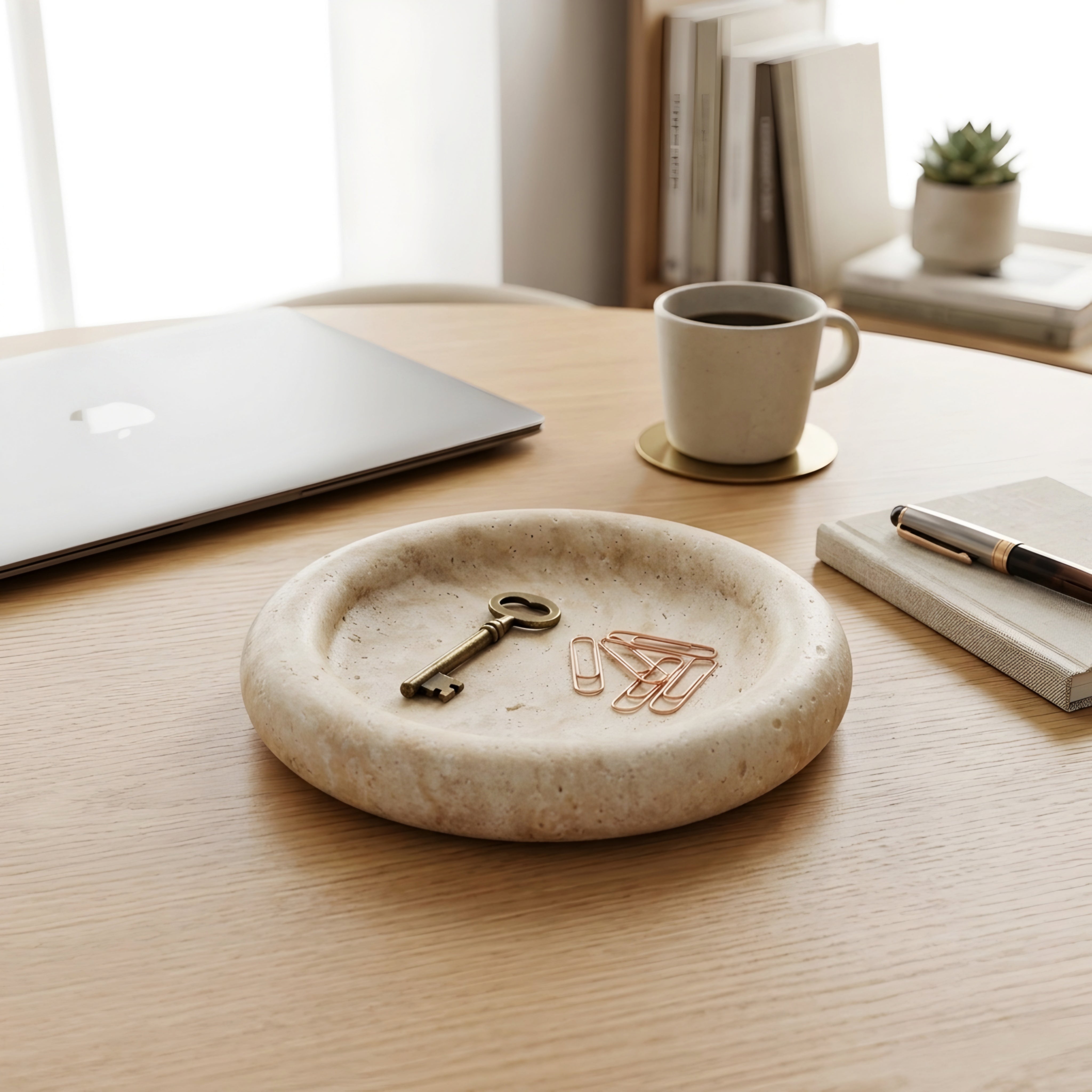 Circulus Stone Tray – Round Travertine Decorative Catchall Dish Minimalist Marble Entryway Jewelry Holder