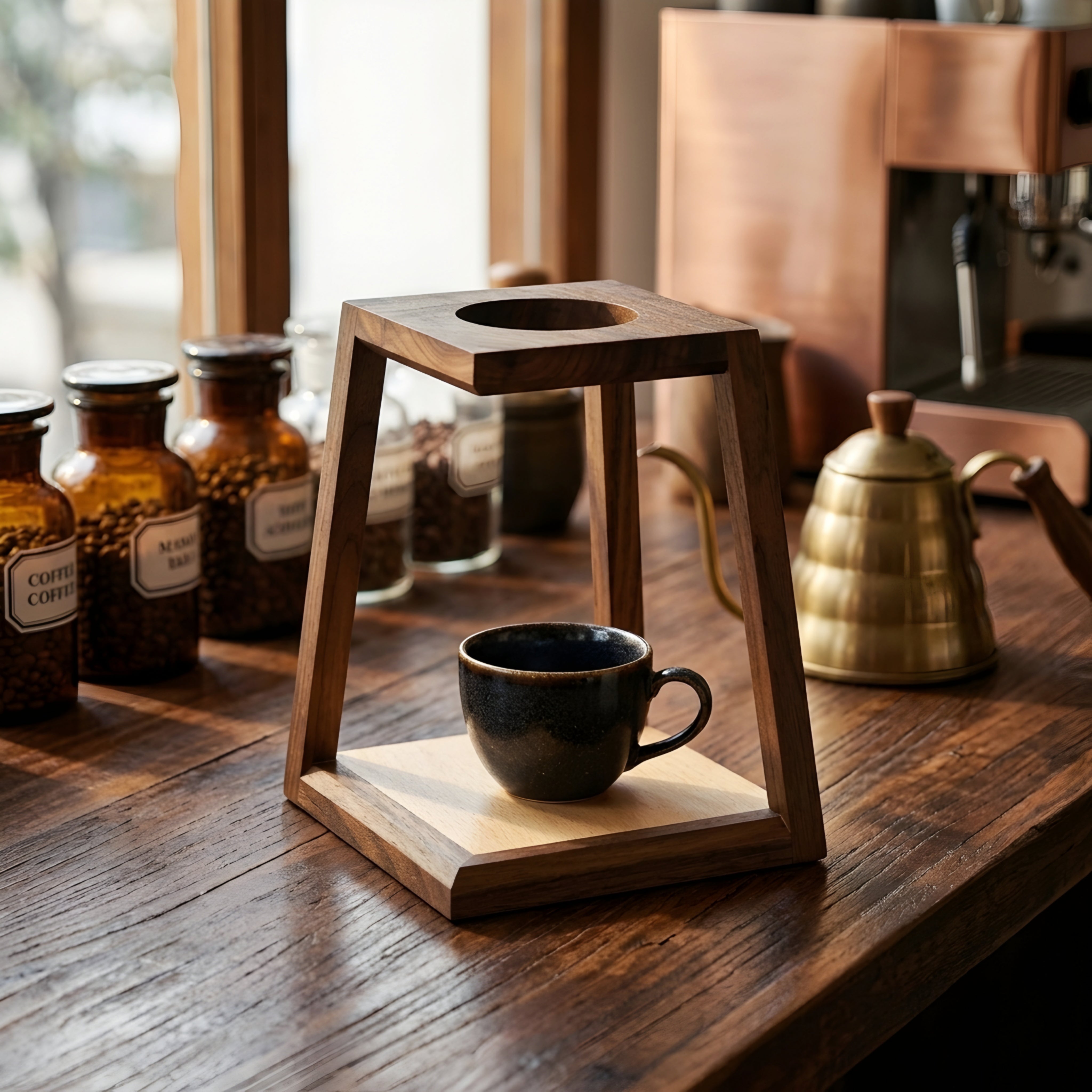 Grivale Pour Over Coffee Stand – Walnut Wood Ceramic Dripper Station Kitchen Counter Decor