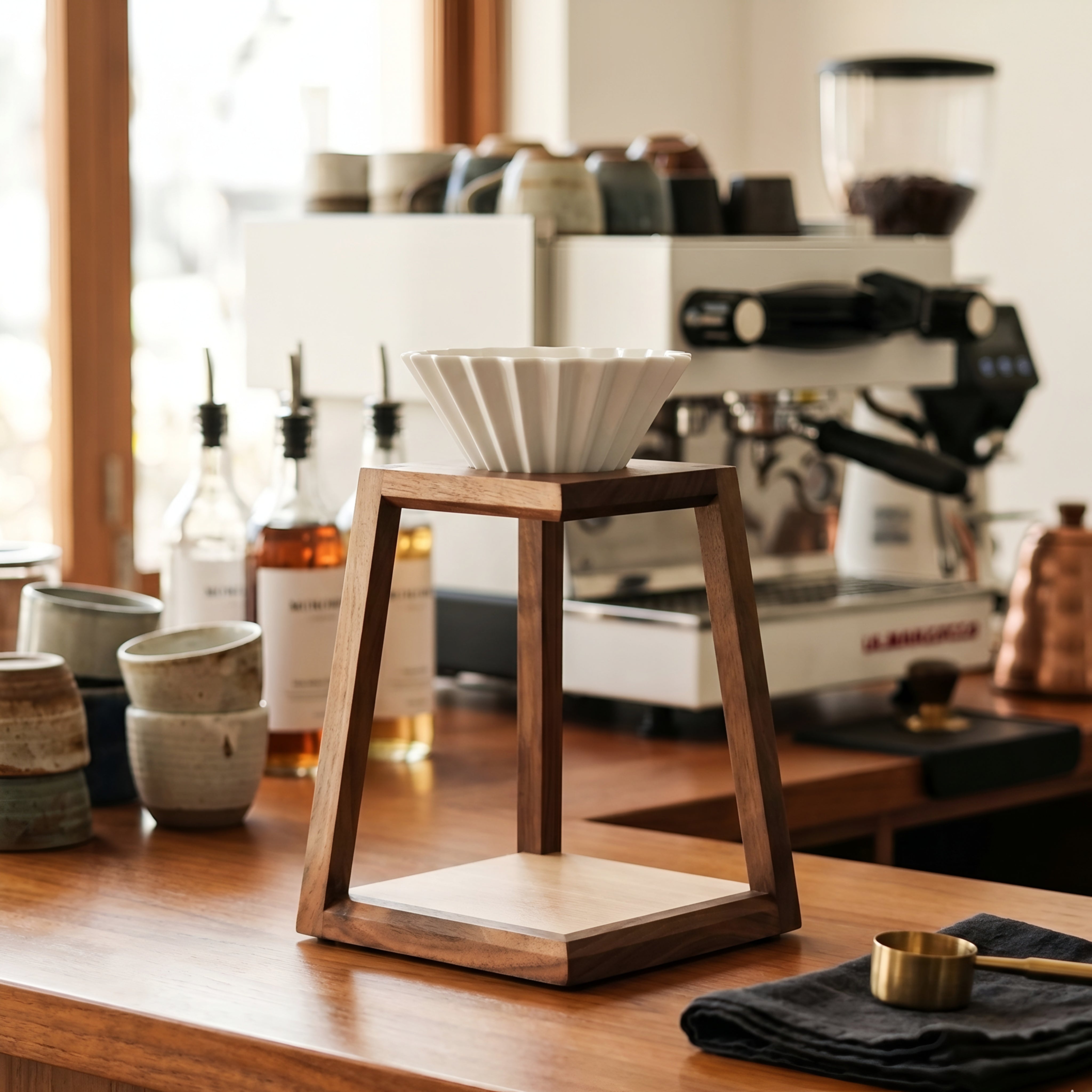 Grivale Pour Over Coffee Stand – Walnut Wood Ceramic Dripper Station Kitchen Counter Decor