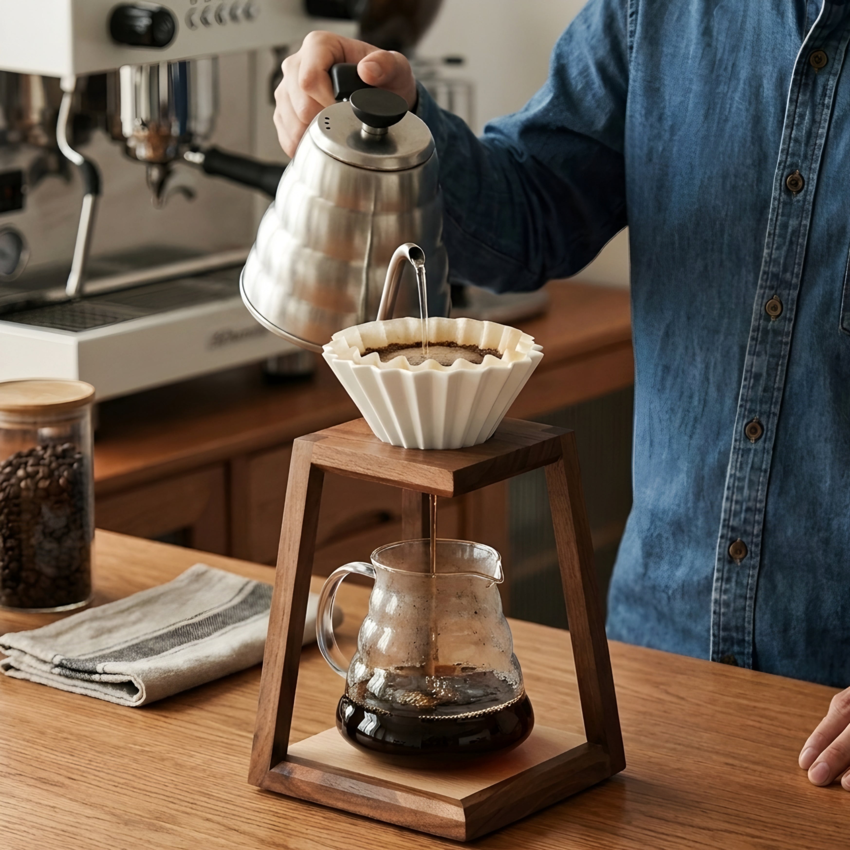 Grivale Pour Over Coffee Stand – Walnut Wood Ceramic Dripper Station Kitchen Counter Decor