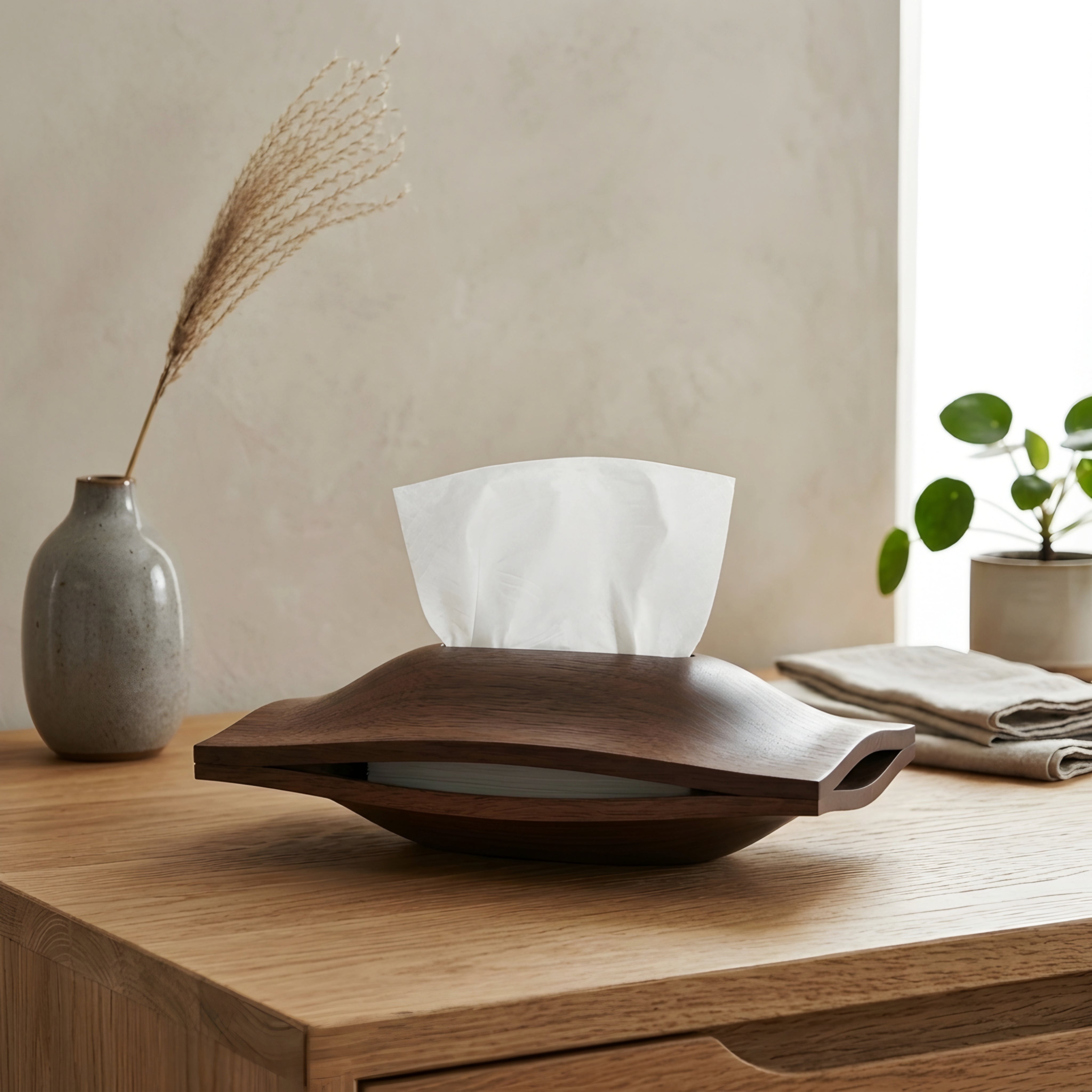 Corvex Walnut Tissue Box Cover – Sculptural Solid Wood Magnetic Holder Modern Living Room Bedroom Decor
