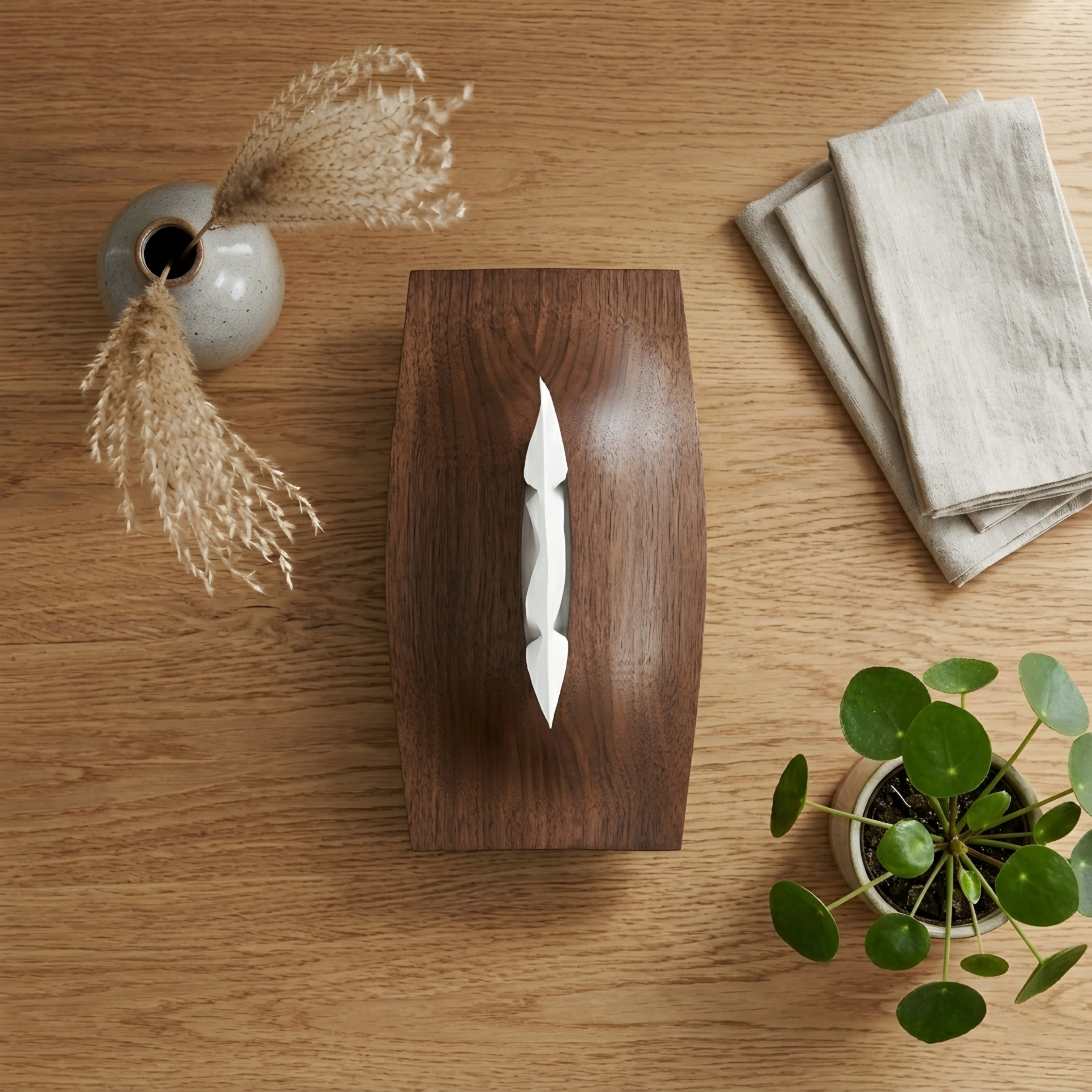Corvex Walnut Tissue Box Cover – Sculptural Solid Wood Magnetic Holder Modern Living Room Bedroom Decor
