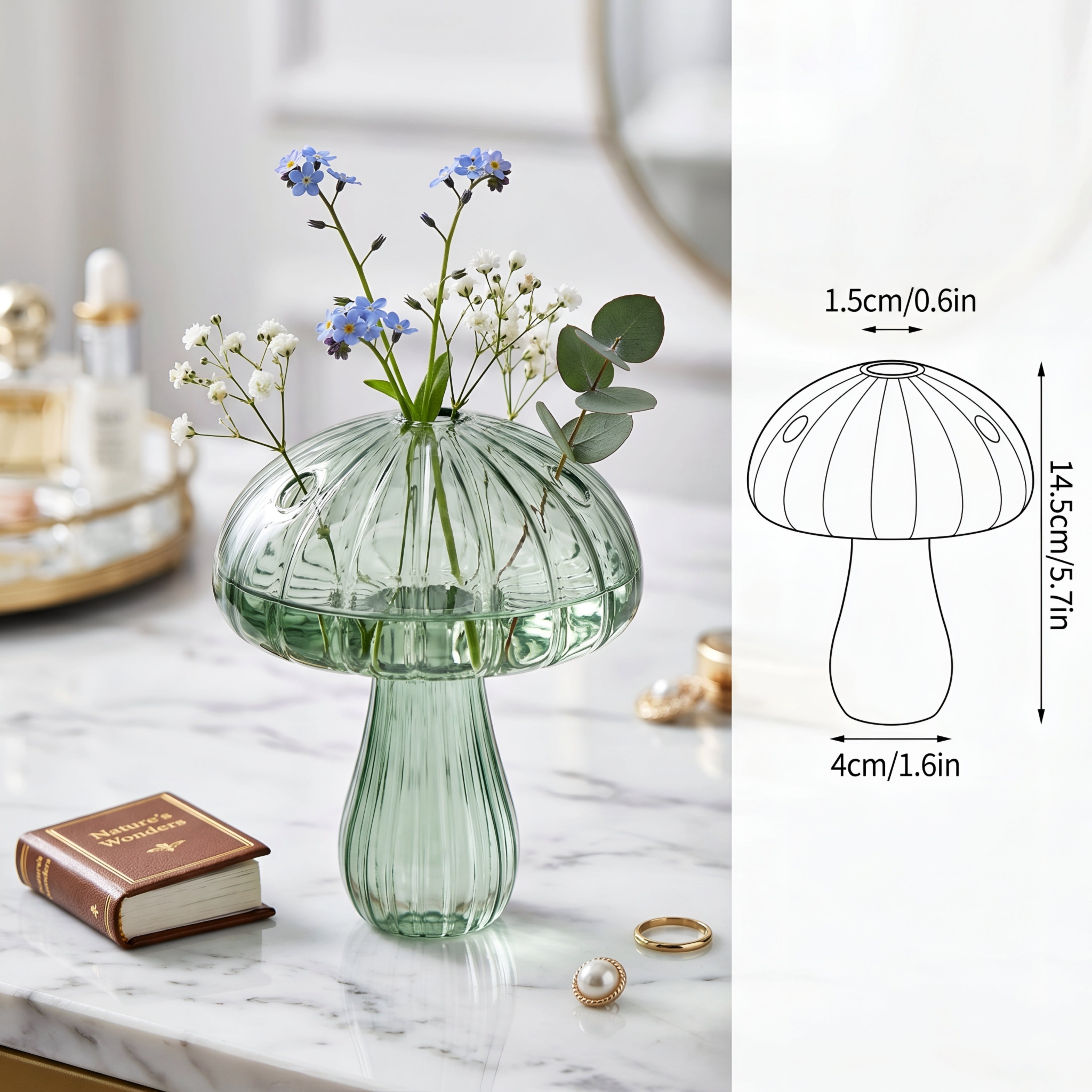 Verrida Mushroom Glass Vase – Decorative Crystal Flower Vase Living Room Table Decor Set