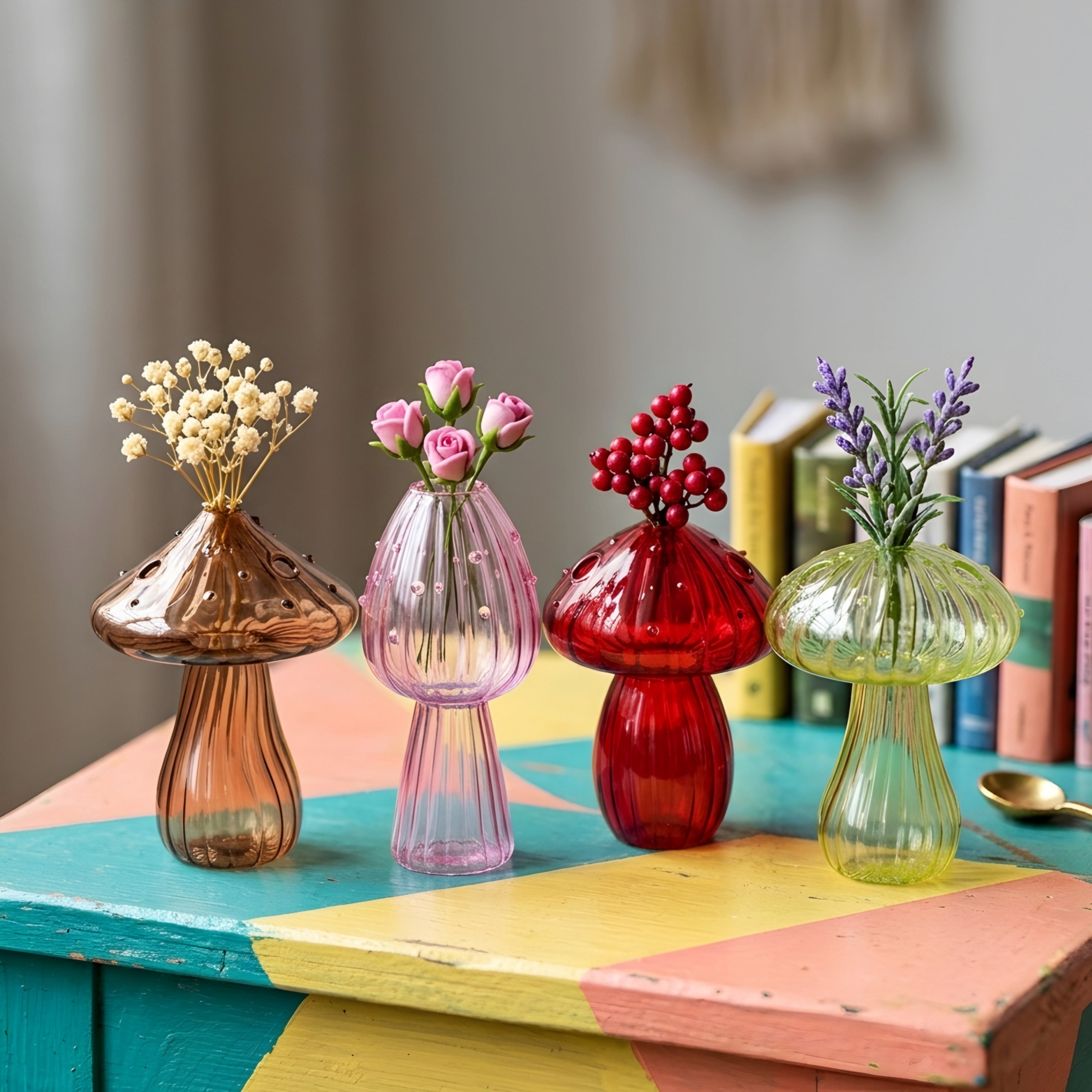 Verrida Mushroom Glass Vase – Decorative Crystal Flower Vase Living Room Table Decor Set