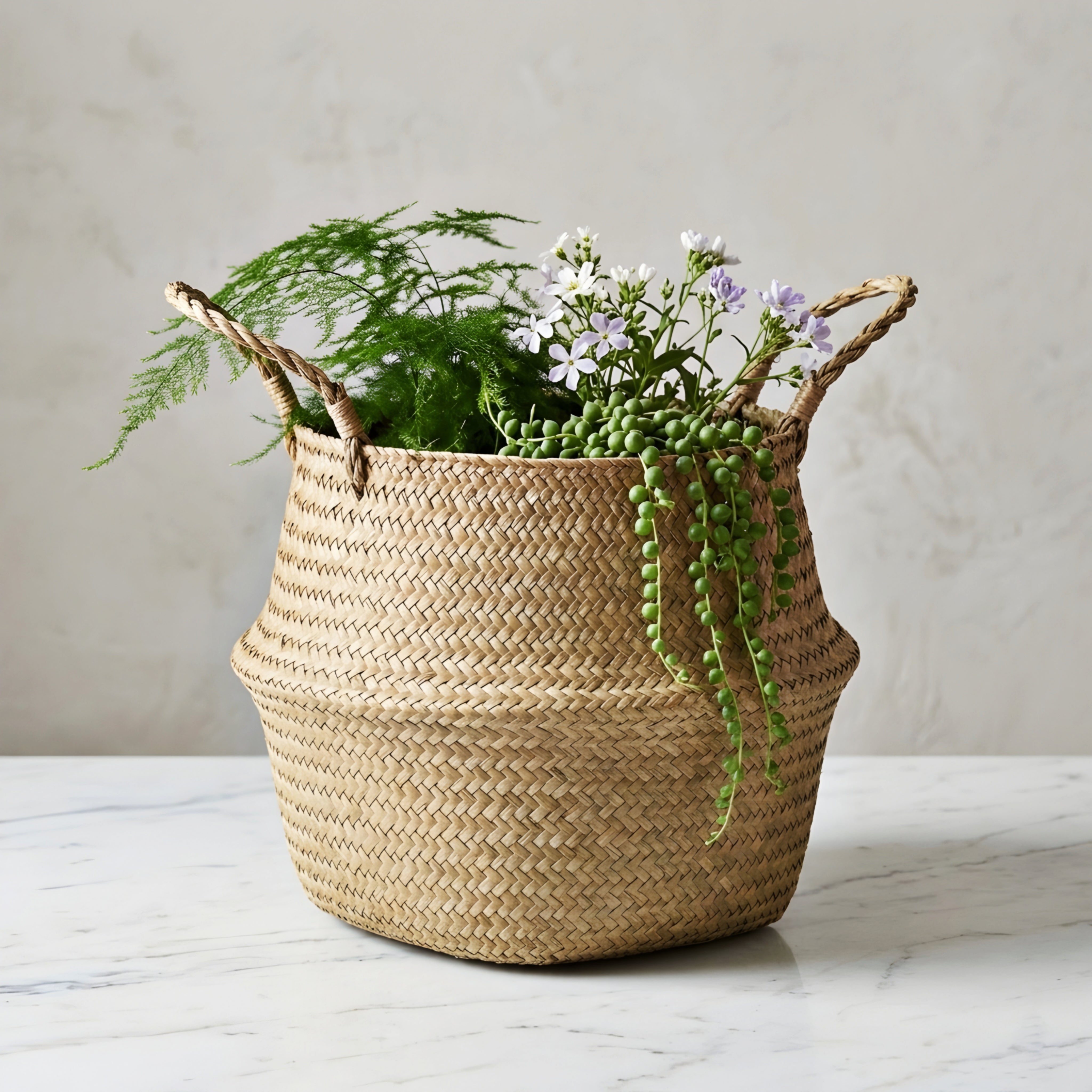 Kovan Seagrass Belly Basket – Handwoven Natural Storage Planter Decorative Living Room Bedroom Organizer