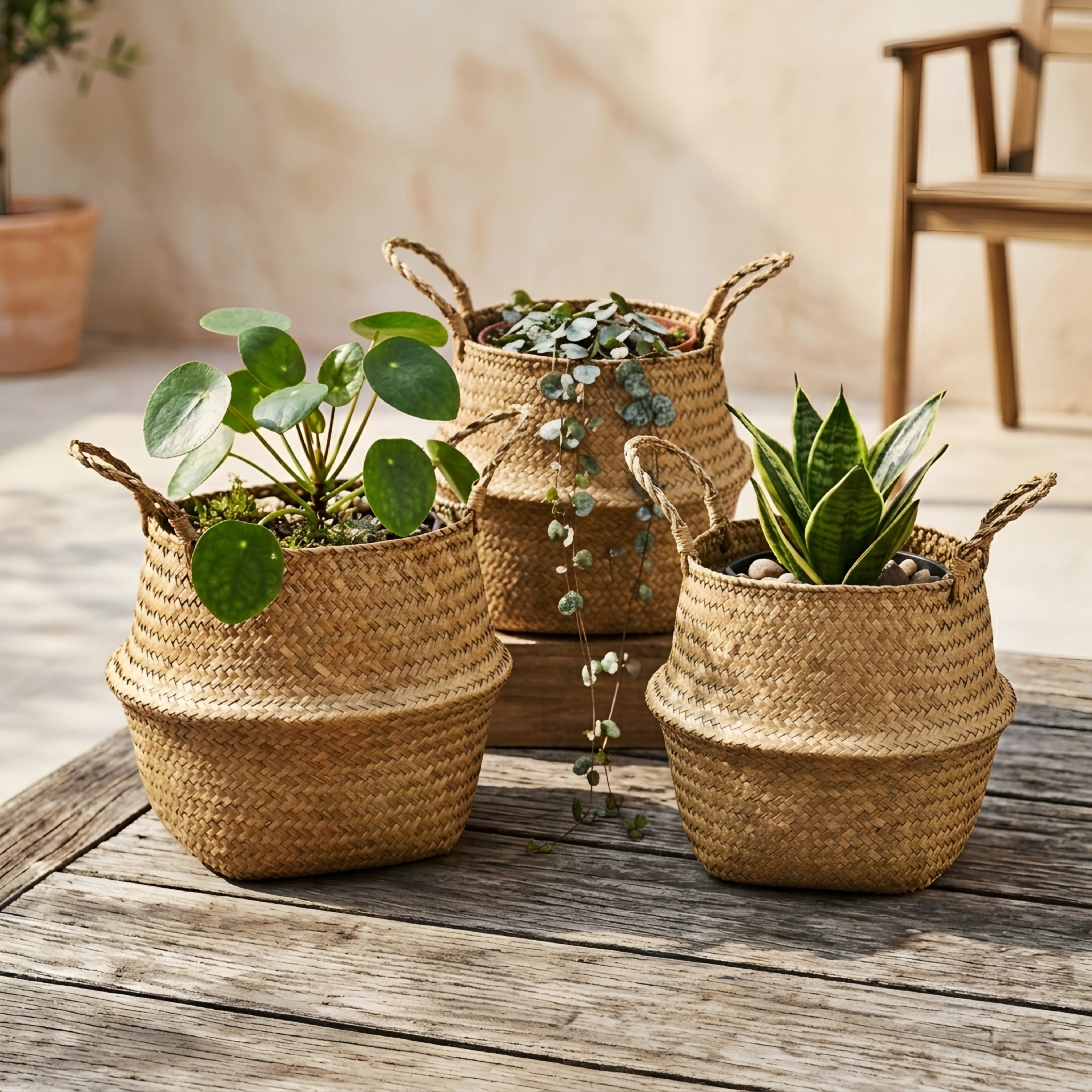Kovan Seagrass Belly Basket – Handwoven Natural Storage Planter Decorative Living Room Bedroom Organizer