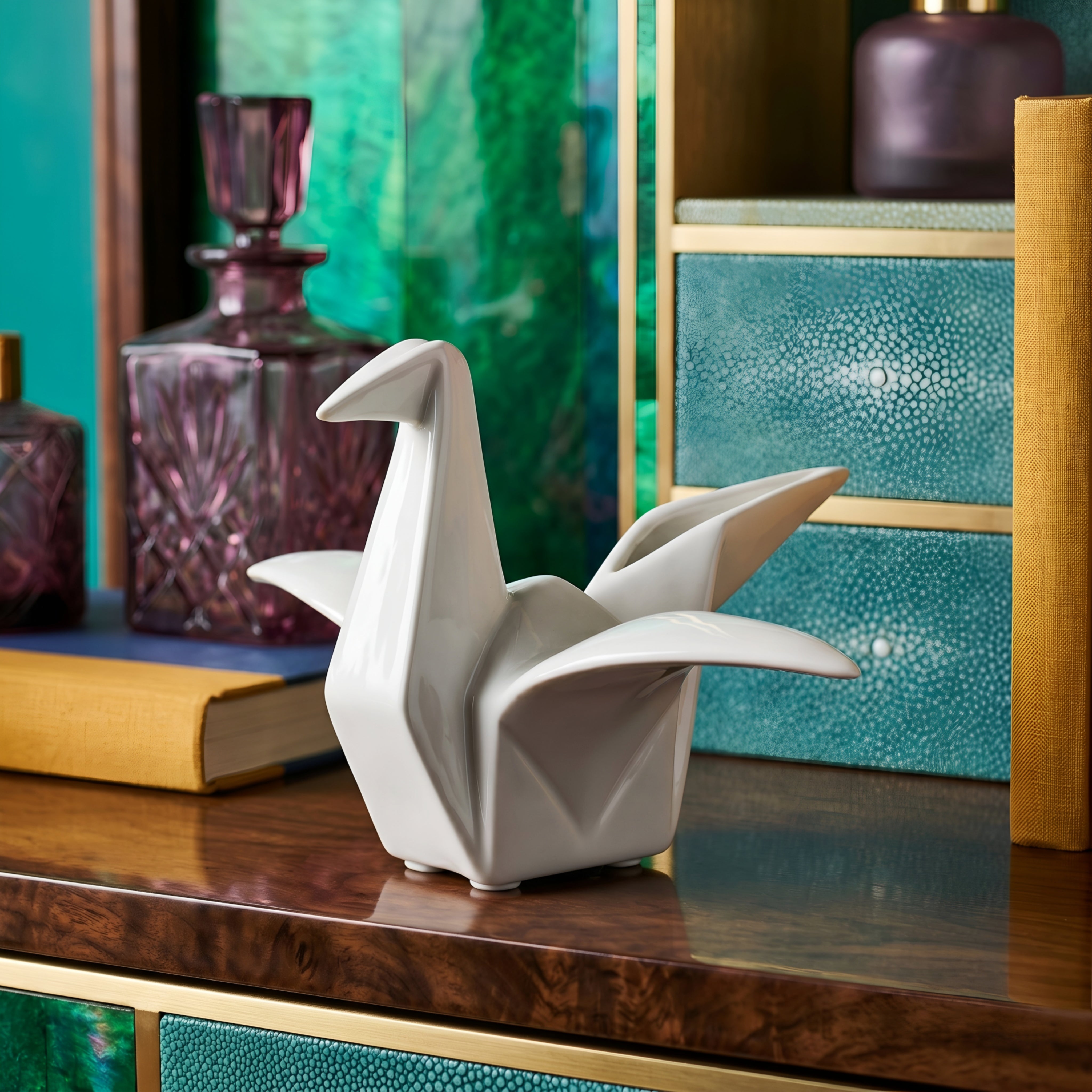 Orikaze Ceramic Sculpture Set – White Origami Bird Figurine Decorative Accent Home Decor Living Room