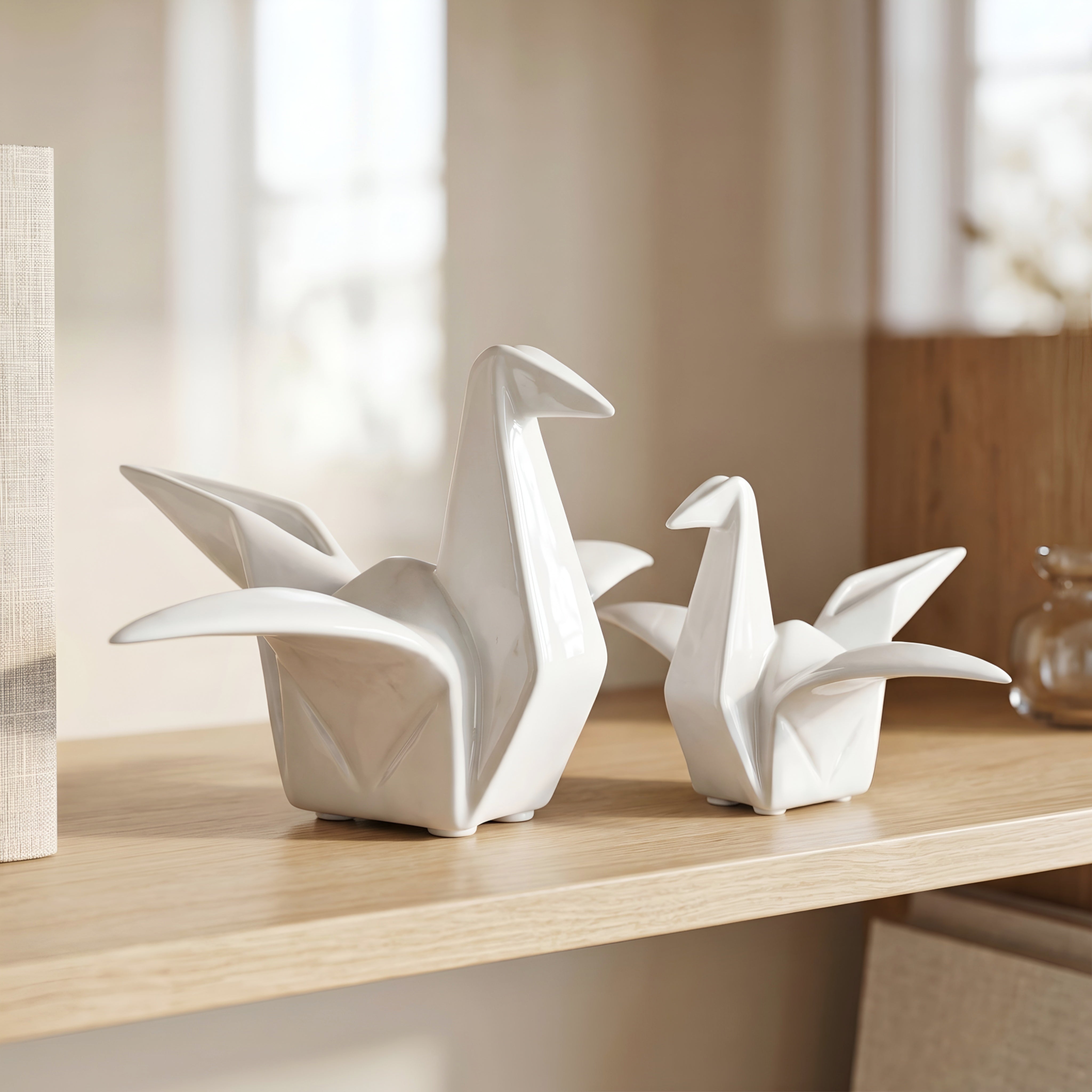 Orikaze Ceramic Sculpture Set – White Origami Bird Figurine Decorative Accent Home Decor Living Room