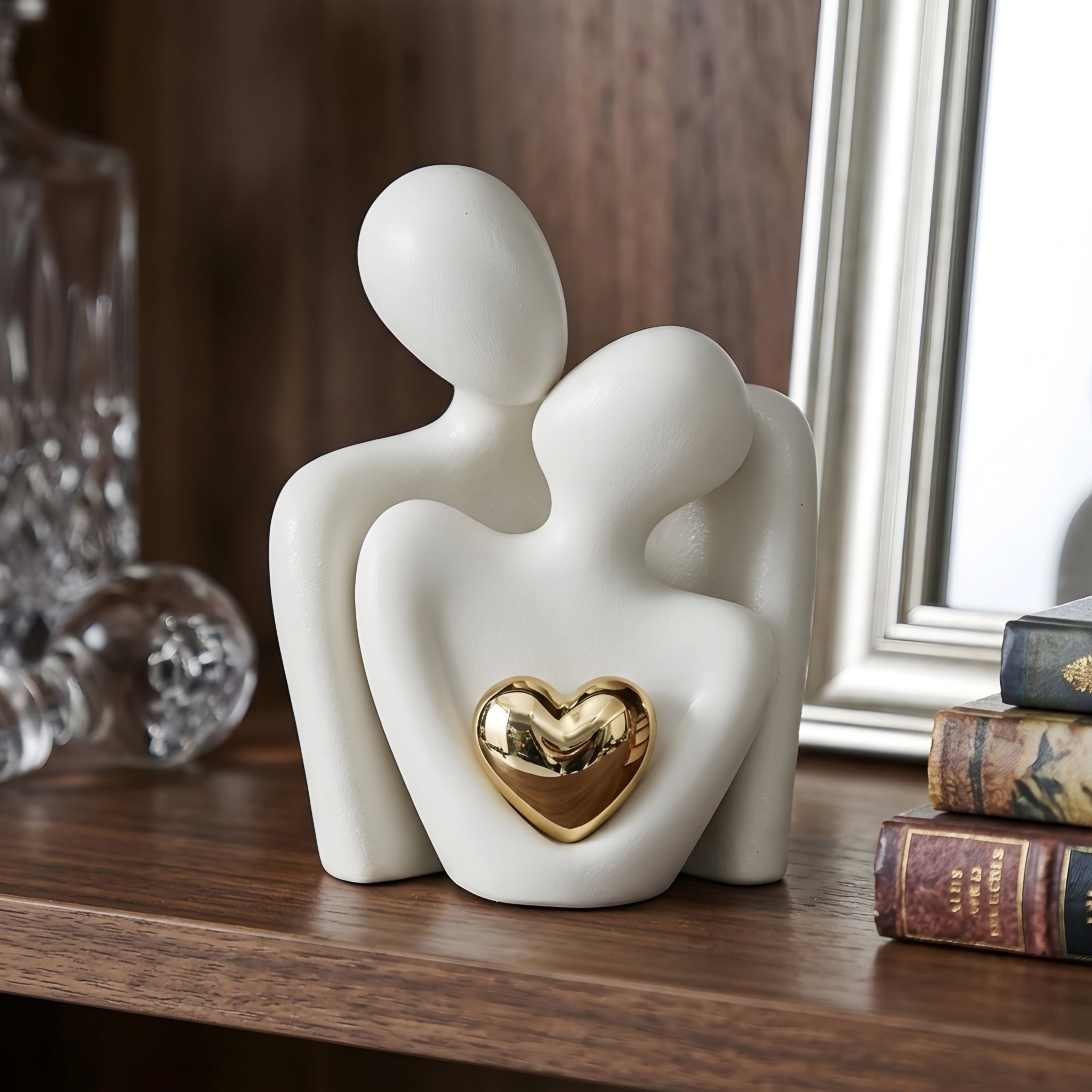 Embriel Embrace Sculpture – White Ceramic Couple Figurine Gold Heart Decorative Home Decor Living Room Bedroom