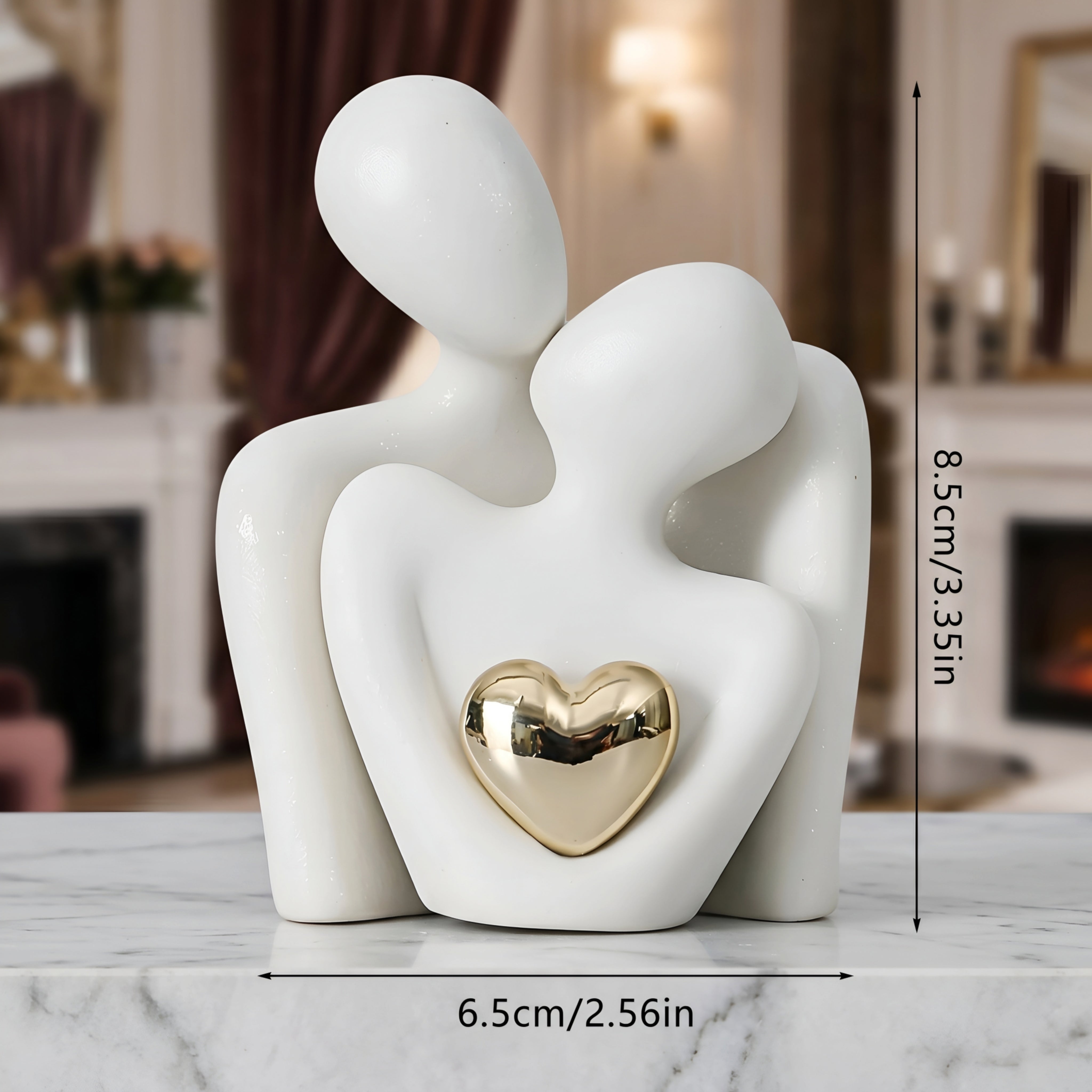 Embriel Embrace Sculpture – White Ceramic Couple Figurine Gold Heart Decorative Home Decor Living Room Bedroom
