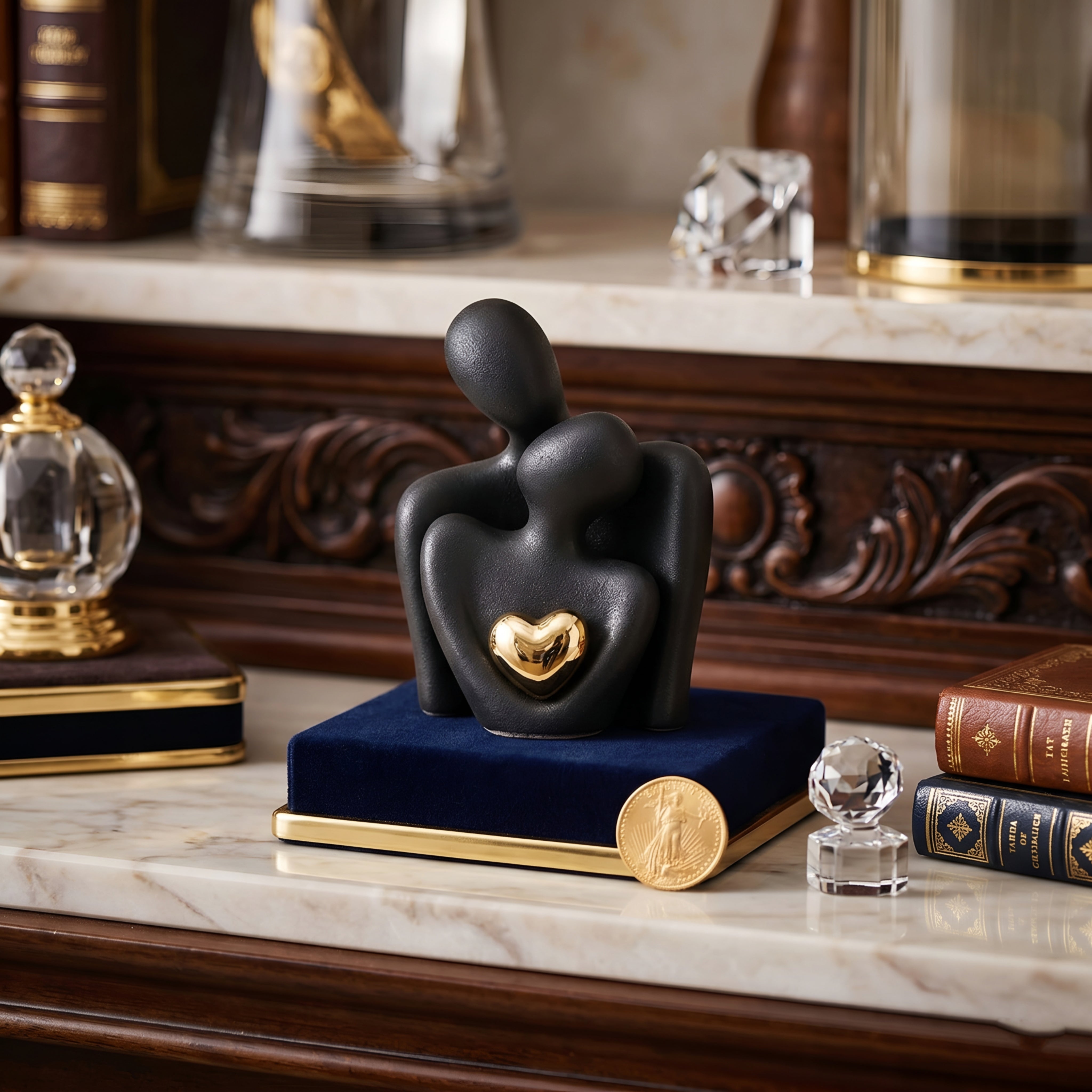 Embriel Embrace Sculpture – White Ceramic Couple Figurine Gold Heart Decorative Home Decor Living Room Bedroom