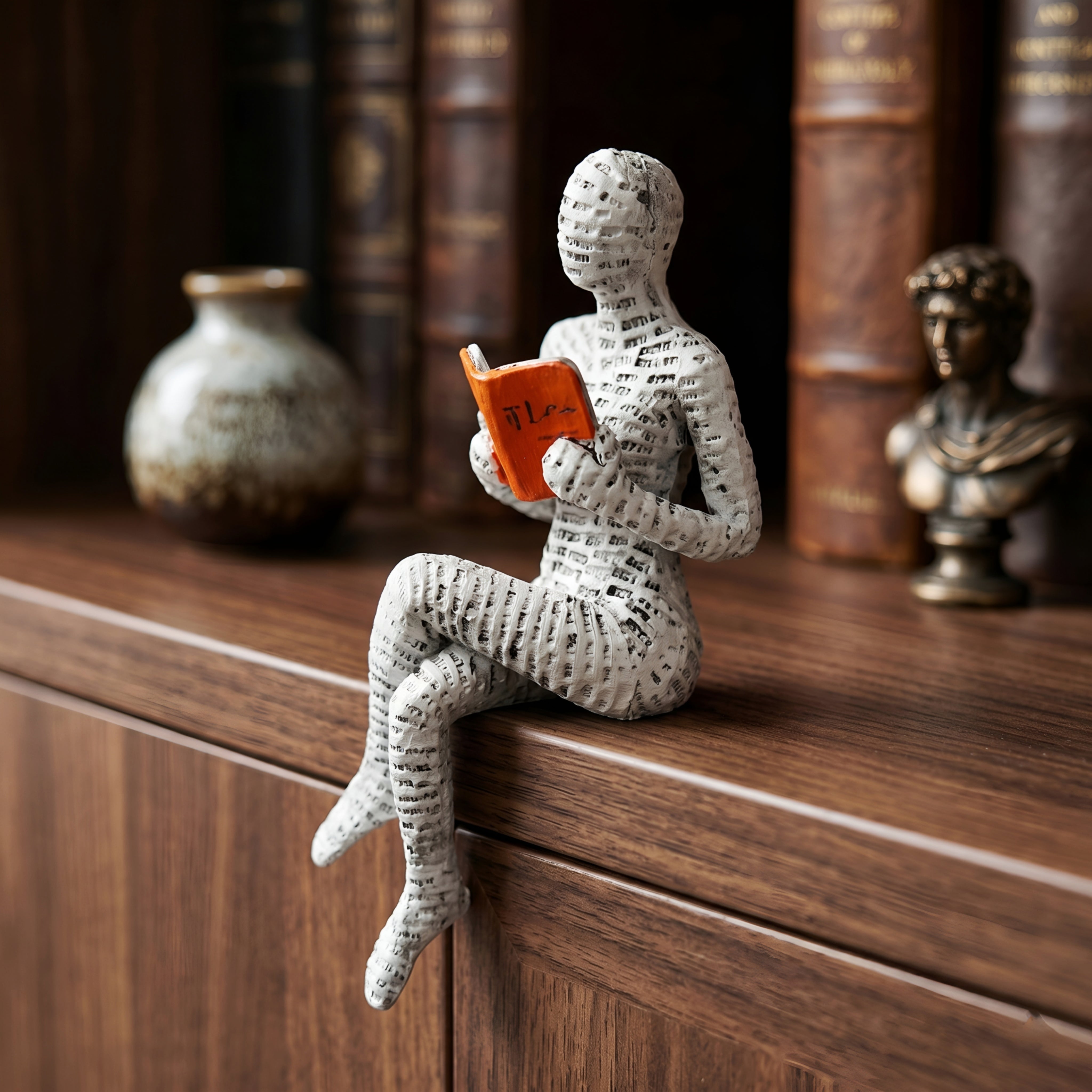 Legara Reading Woman Statue – White Resin Bookshelf Decorative Figure Living Room Bedroom Home Decor