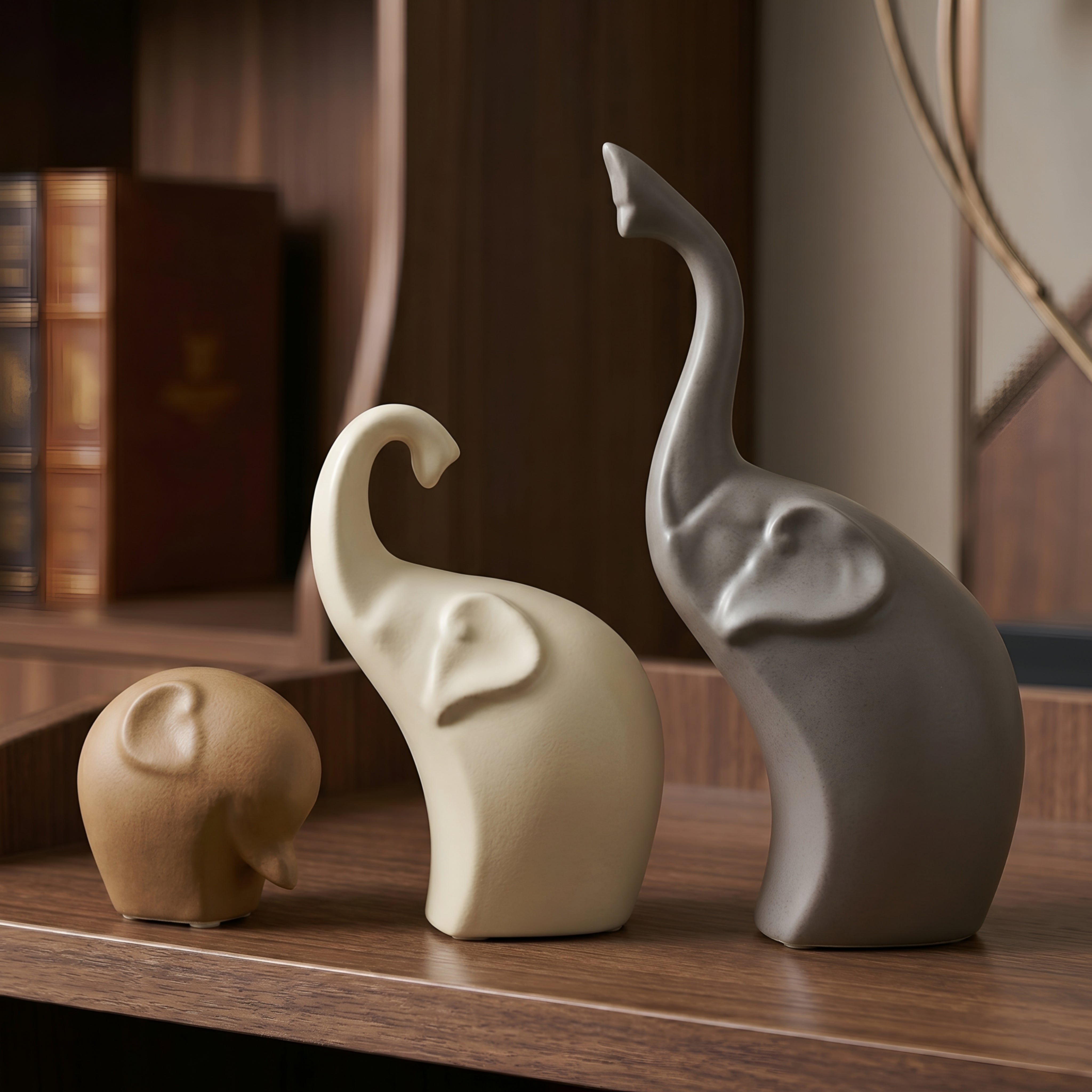 Zephara Elephant Sculpture Set – Modern Ceramic Home Decor Figurines Living Room Bedroom Shelves