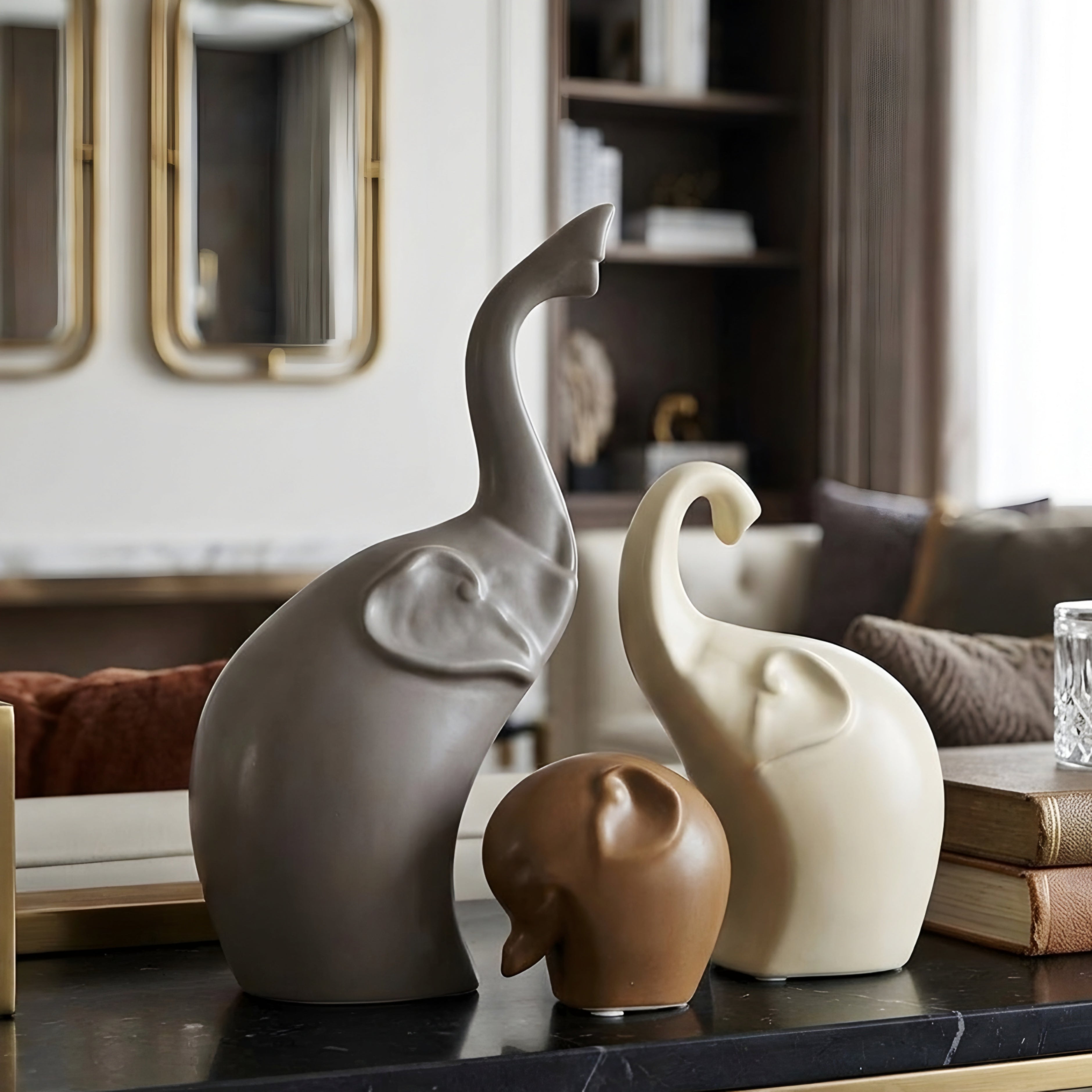 Zephara Elephant Sculpture Set – Modern Ceramic Home Decor Figurines Living Room Bedroom Shelves