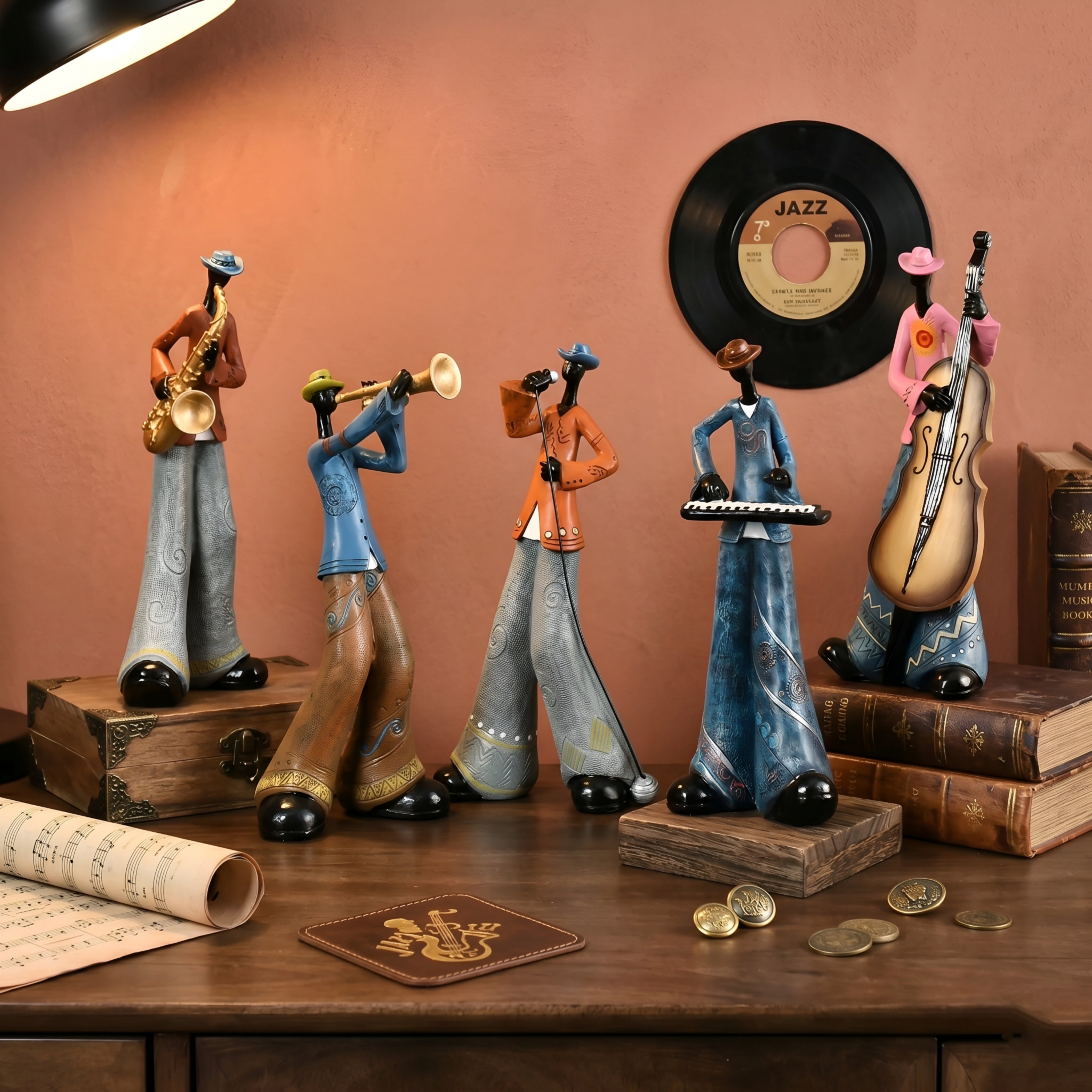 Rhapsody Jazz Band Resin Sculpture Set – Handpainted Musician Figurines Home Decor Living Room Table