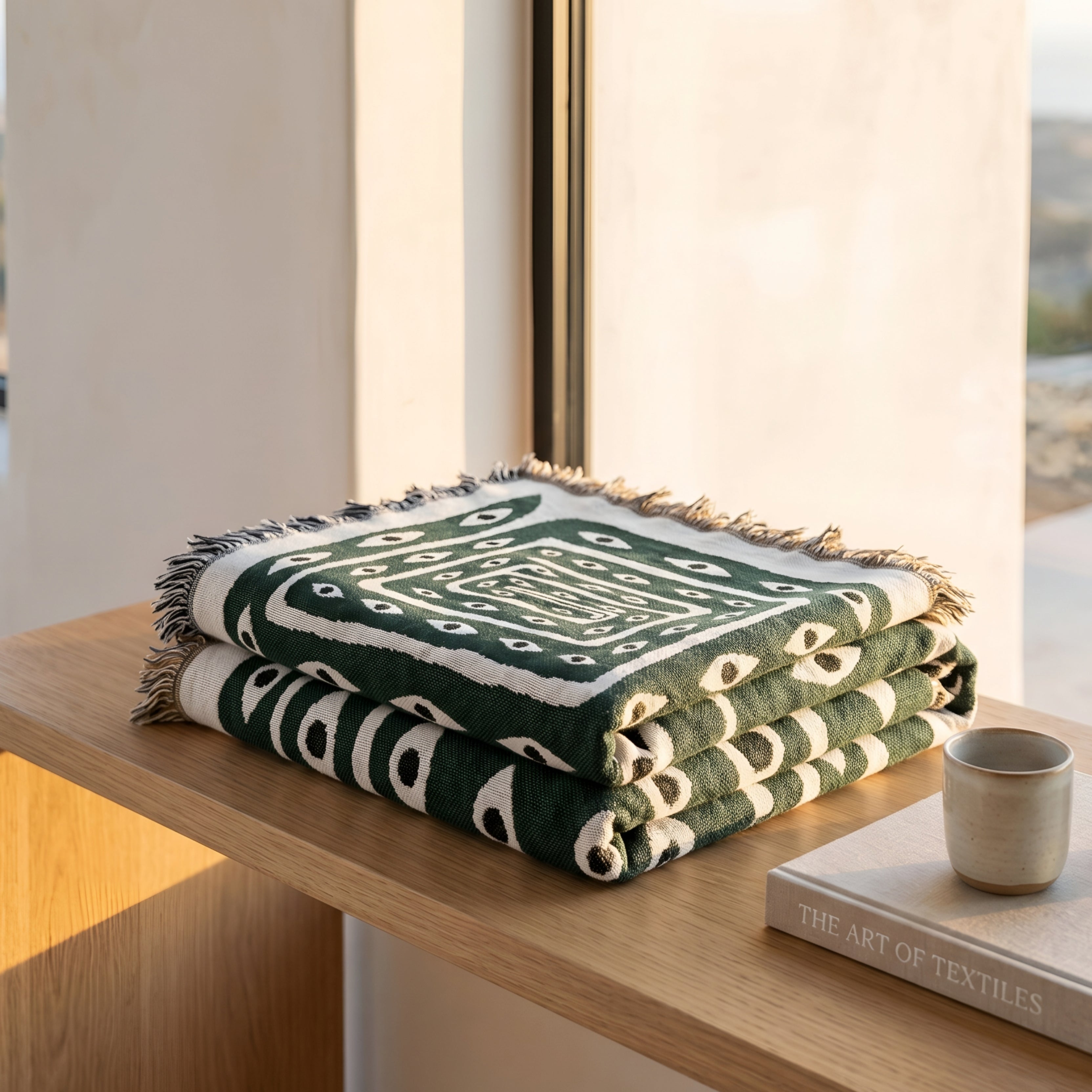 Mystara Woven Throw Blanket – Geometric Eye Pattern Cotton Fringe Living Room Bedroom Decor