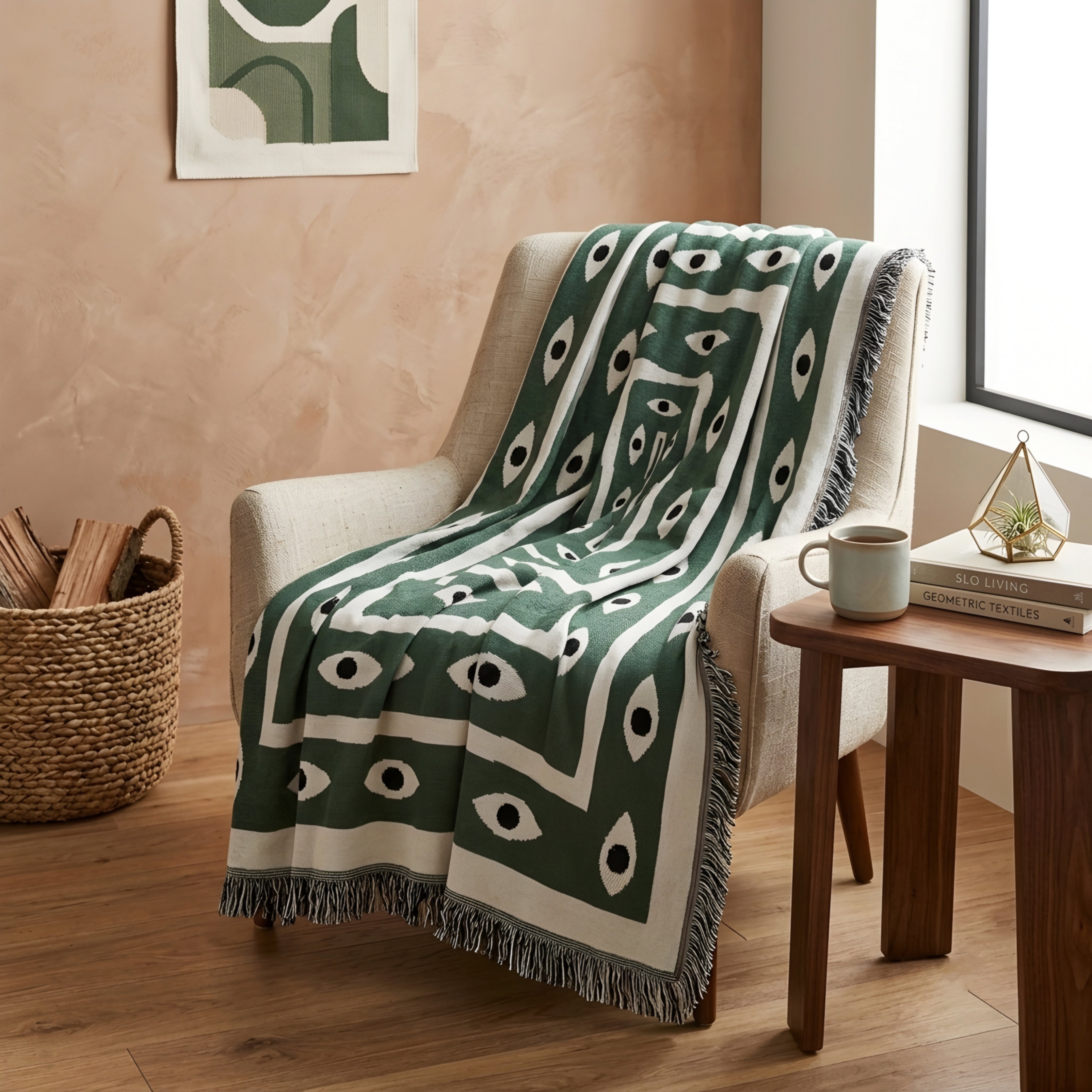 Mystara Woven Throw Blanket – Geometric Eye Pattern Cotton Fringe Living Room Bedroom Decor