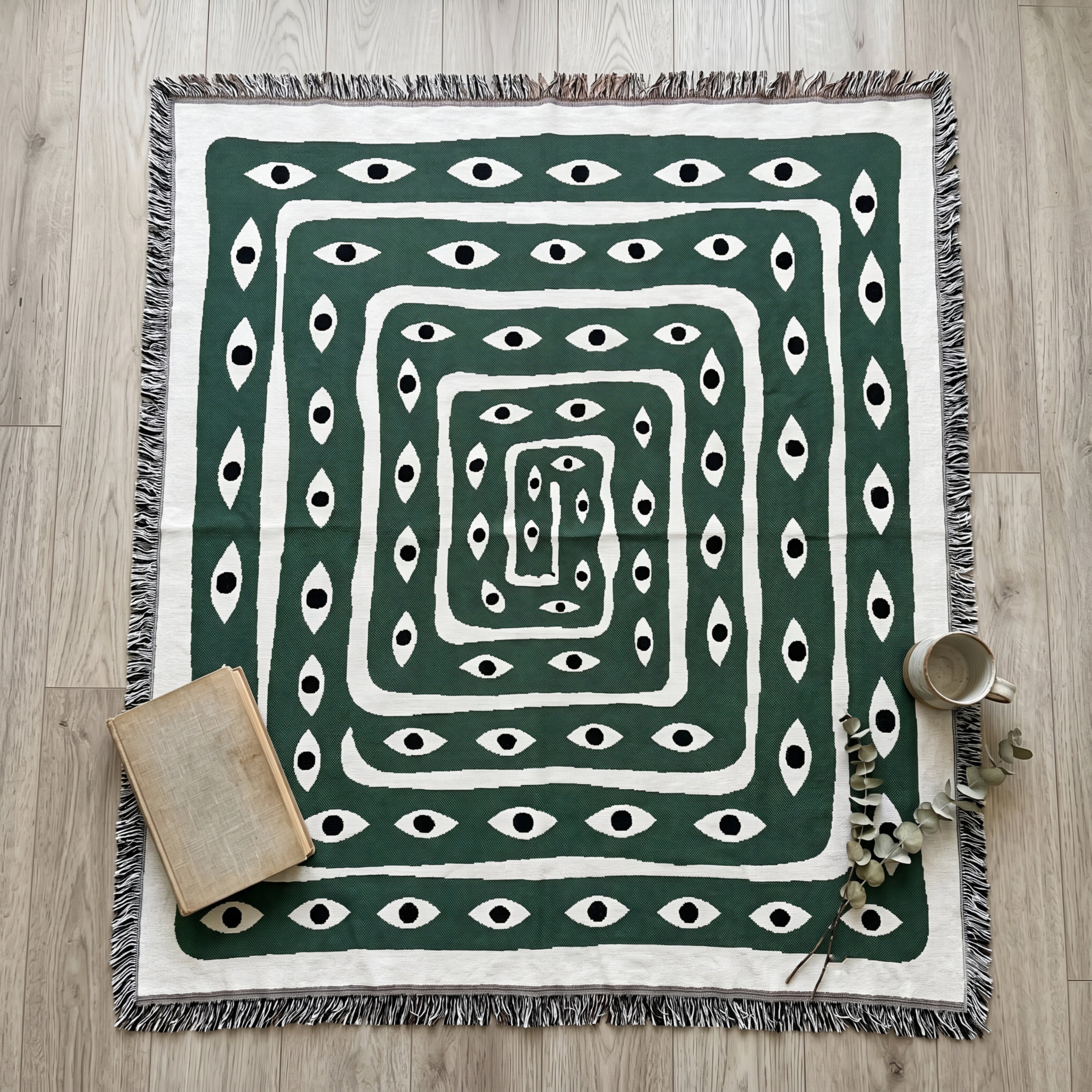 Mystara Woven Throw Blanket – Geometric Eye Pattern Cotton Fringe Living Room Bedroom Decor