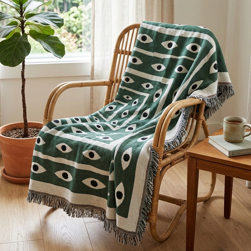Mystara Woven Throw Blanket – Geometric Eye Pattern Cotton Fringe Living Room Bedroom Decor