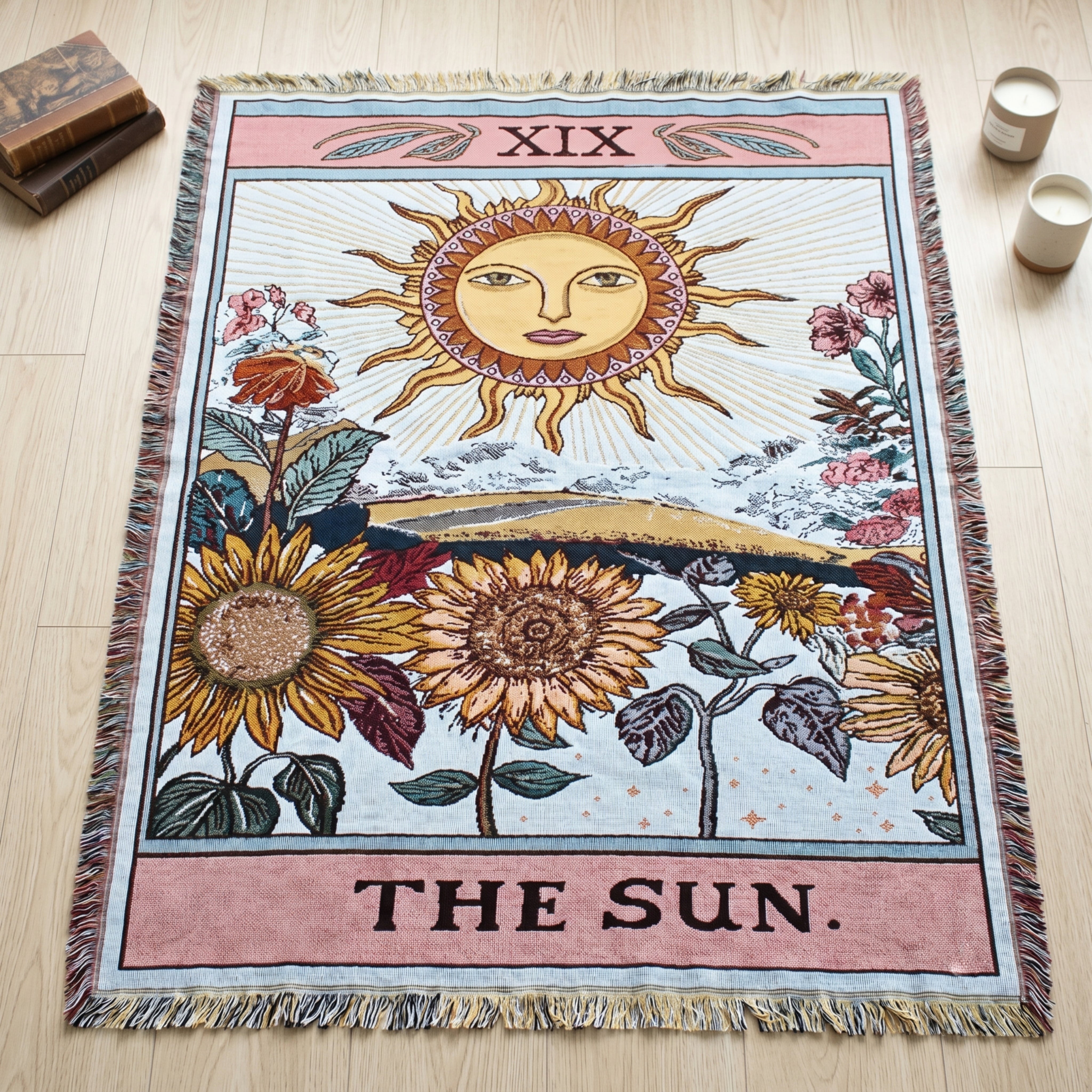 Solwyn Tarot Tapestry Throw Blanket – The Sun Woven Wall Hanging Decorative Bohemian Fringed Cotton