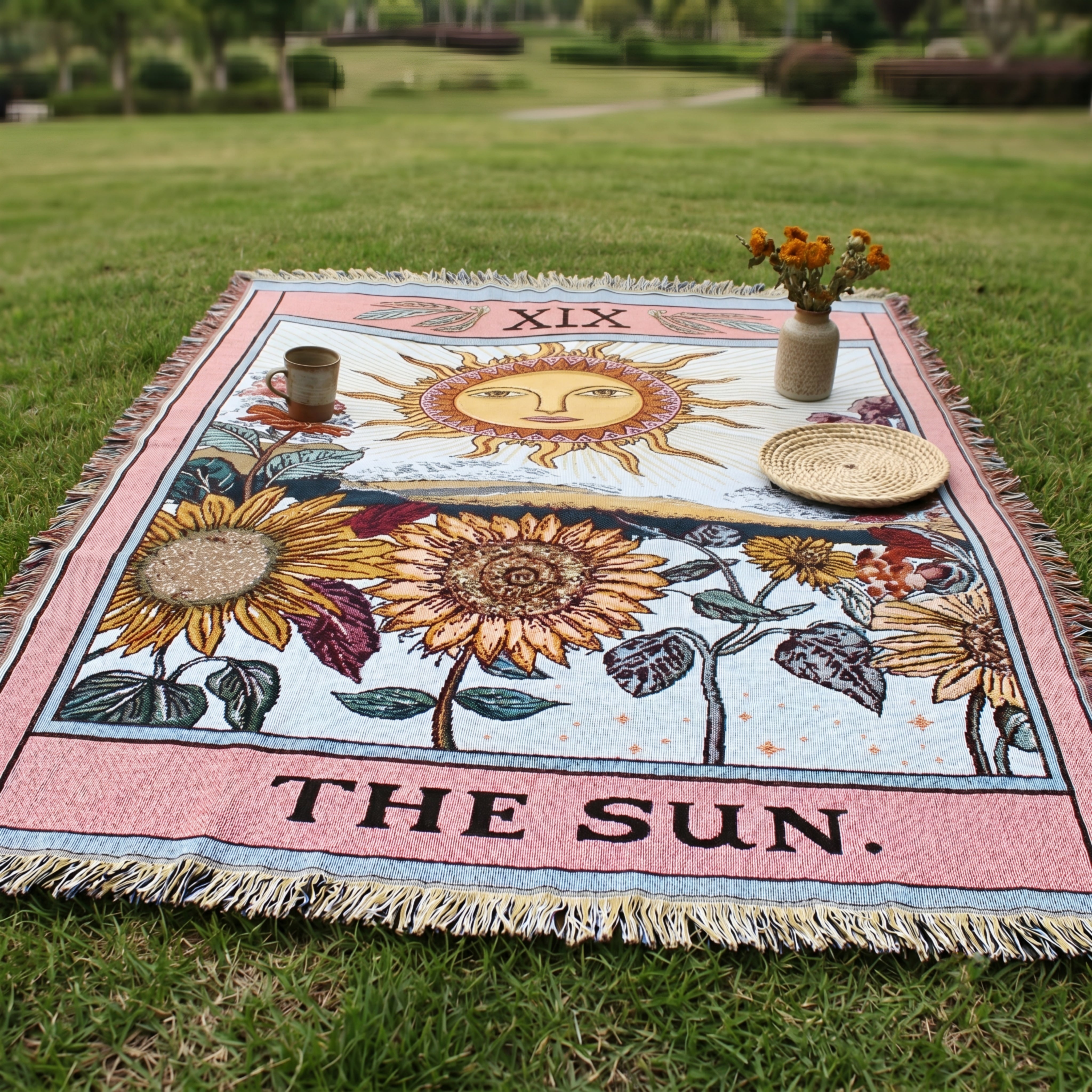 Solwyn Tarot Tapestry Throw Blanket – The Sun Woven Wall Hanging Decorative Bohemian Fringed Cotton
