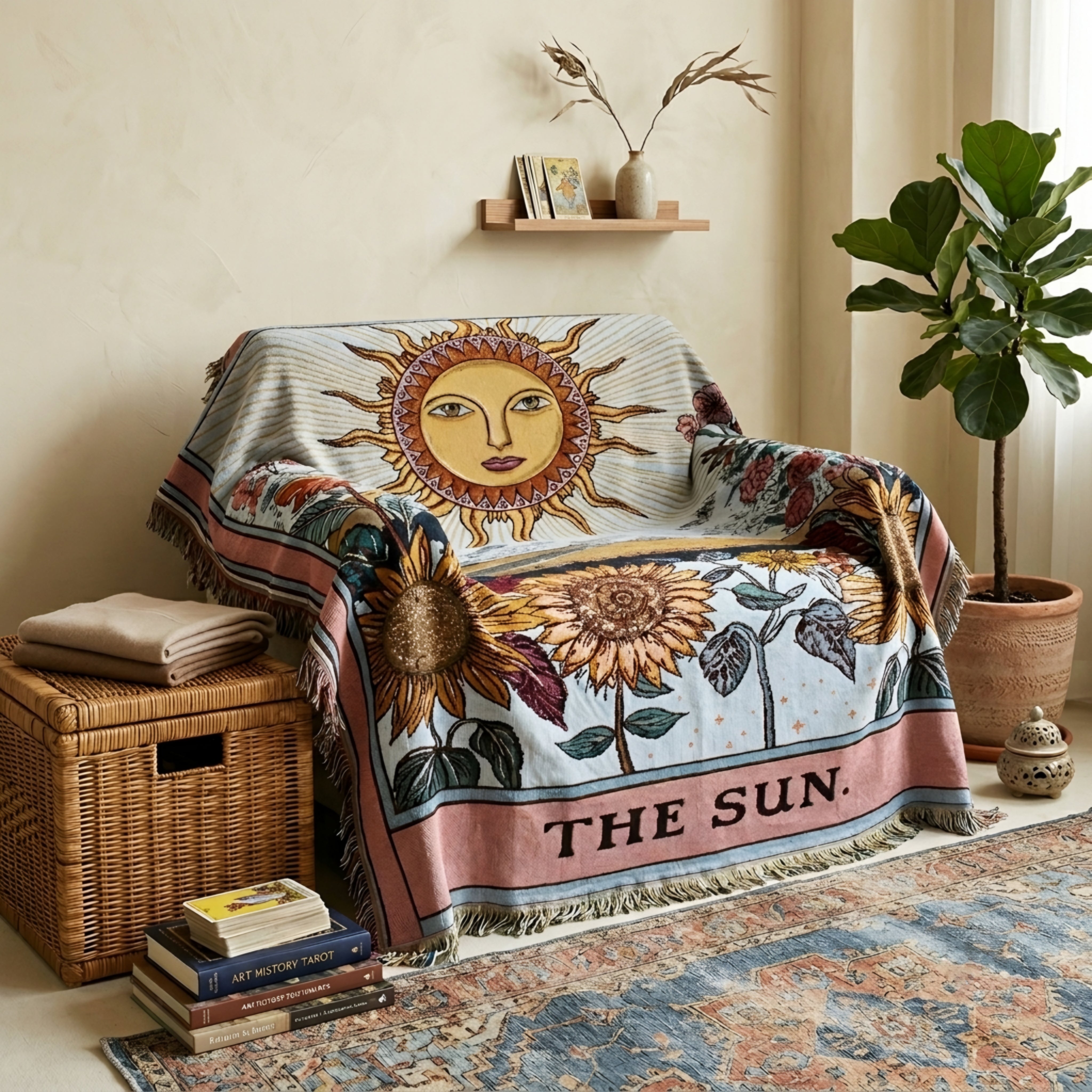 Solwyn Tarot Tapestry Throw Blanket – The Sun Woven Wall Hanging Decorative Bohemian Fringed Cotton