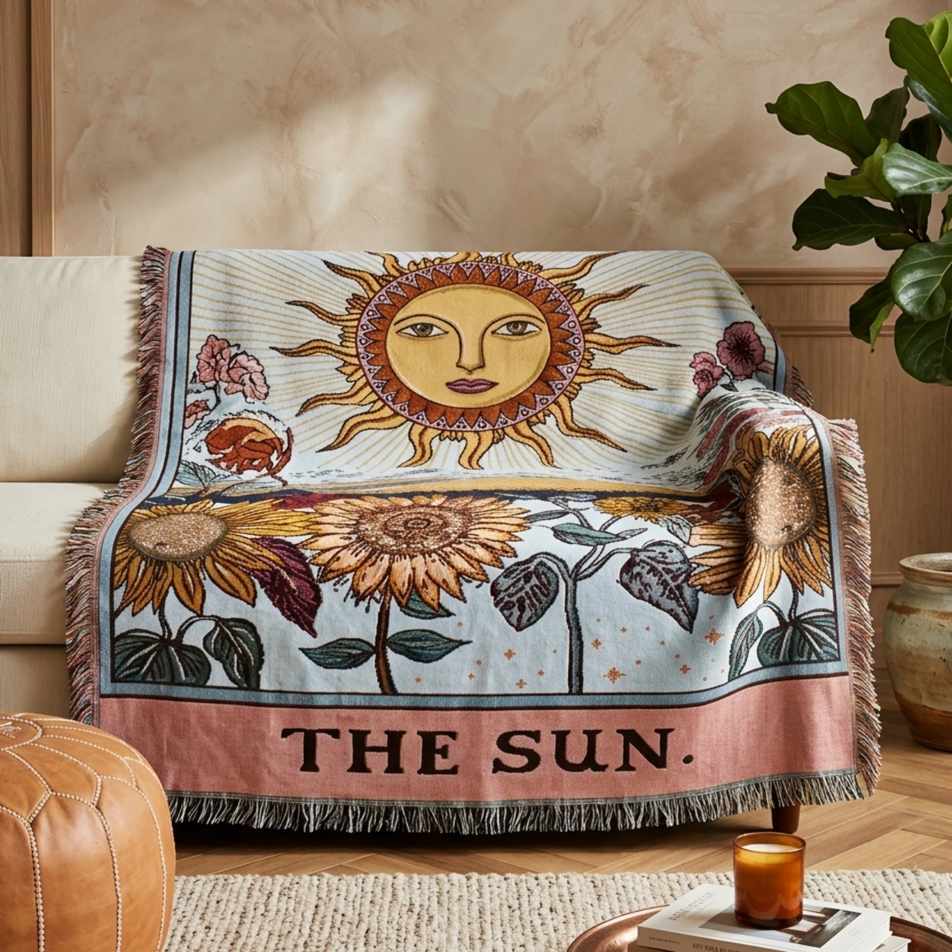 Solwyn Tarot Tapestry Throw Blanket – The Sun Woven Wall Hanging Decorative Bohemian Fringed Cotton