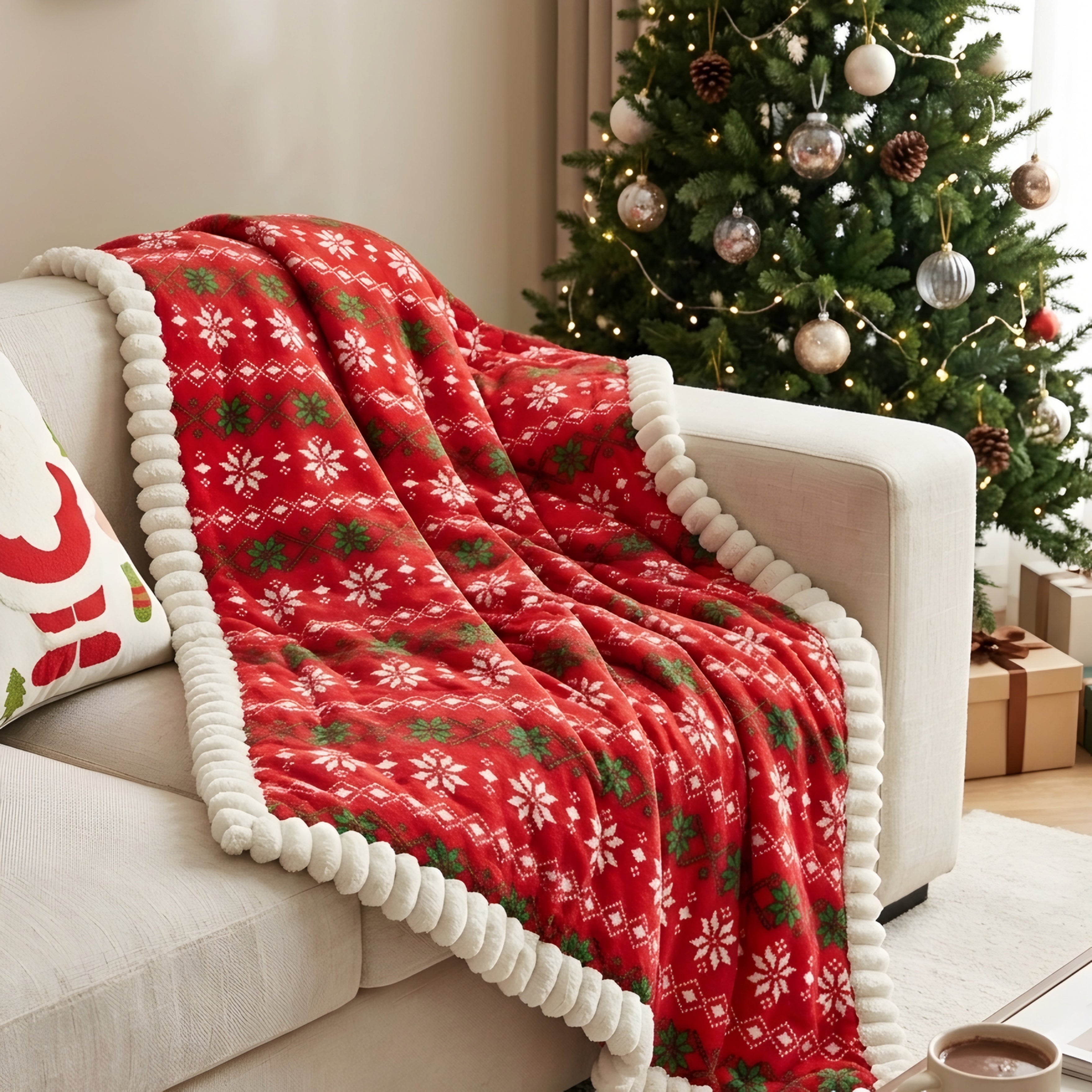 Nolwen Holiday Sofa Runner – Quilted Christmas Snowflake Couch Cover Decorative Red Festive Furniture Protector
