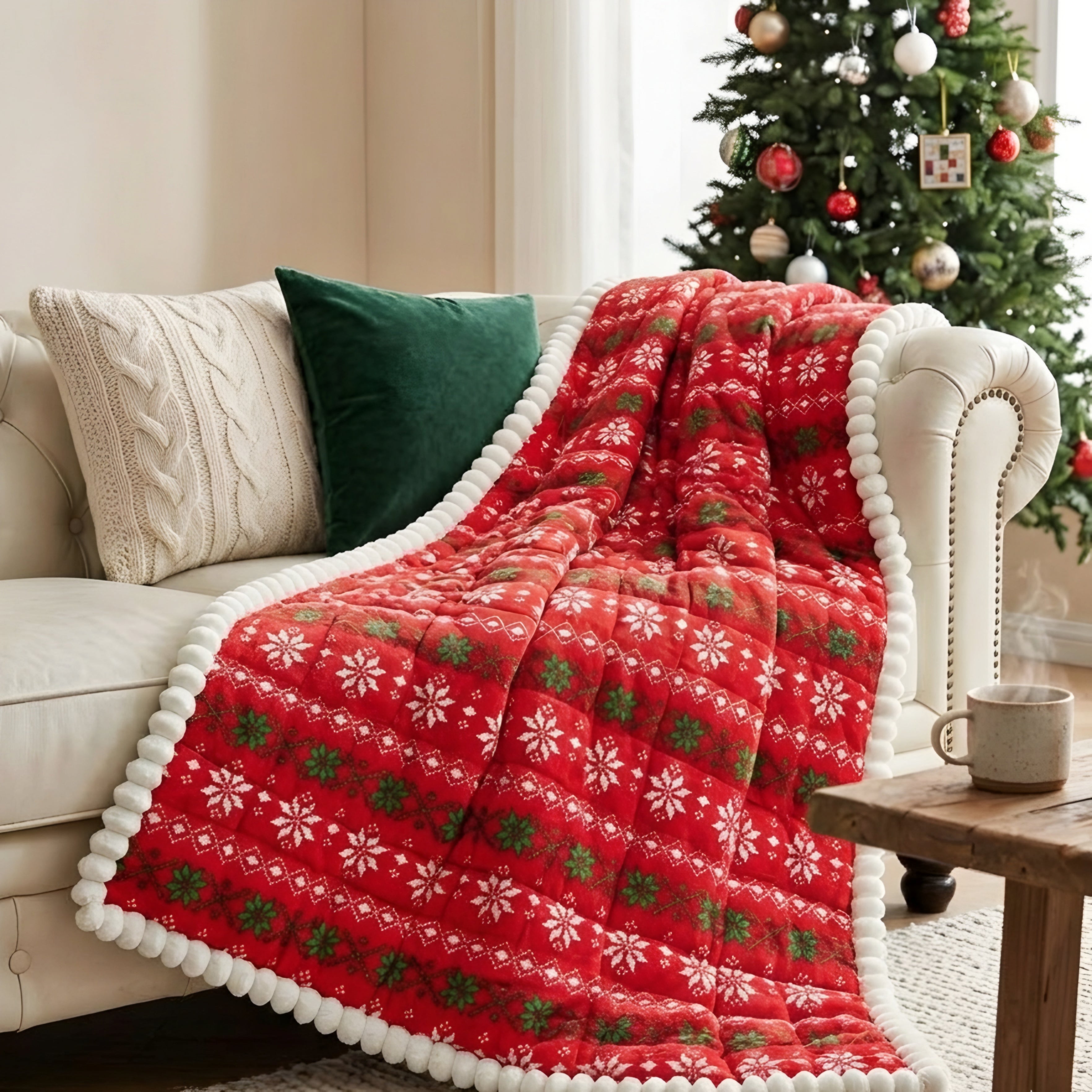 Nolwen Holiday Sofa Runner – Quilted Christmas Snowflake Couch Cover Decorative Red Festive Furniture Protector