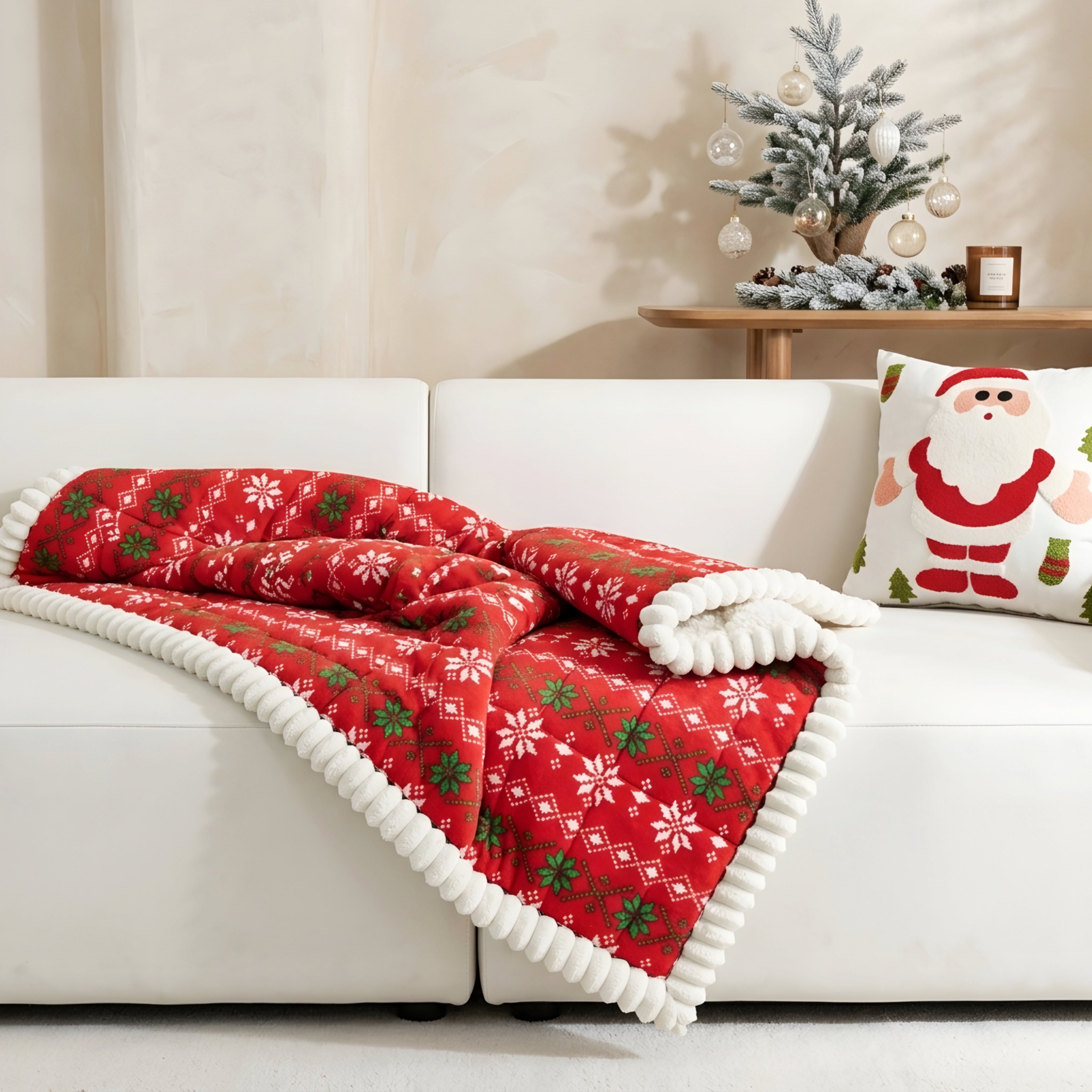 Nolwen Holiday Sofa Runner – Quilted Christmas Snowflake Couch Cover Decorative Red Festive Furniture Protector
