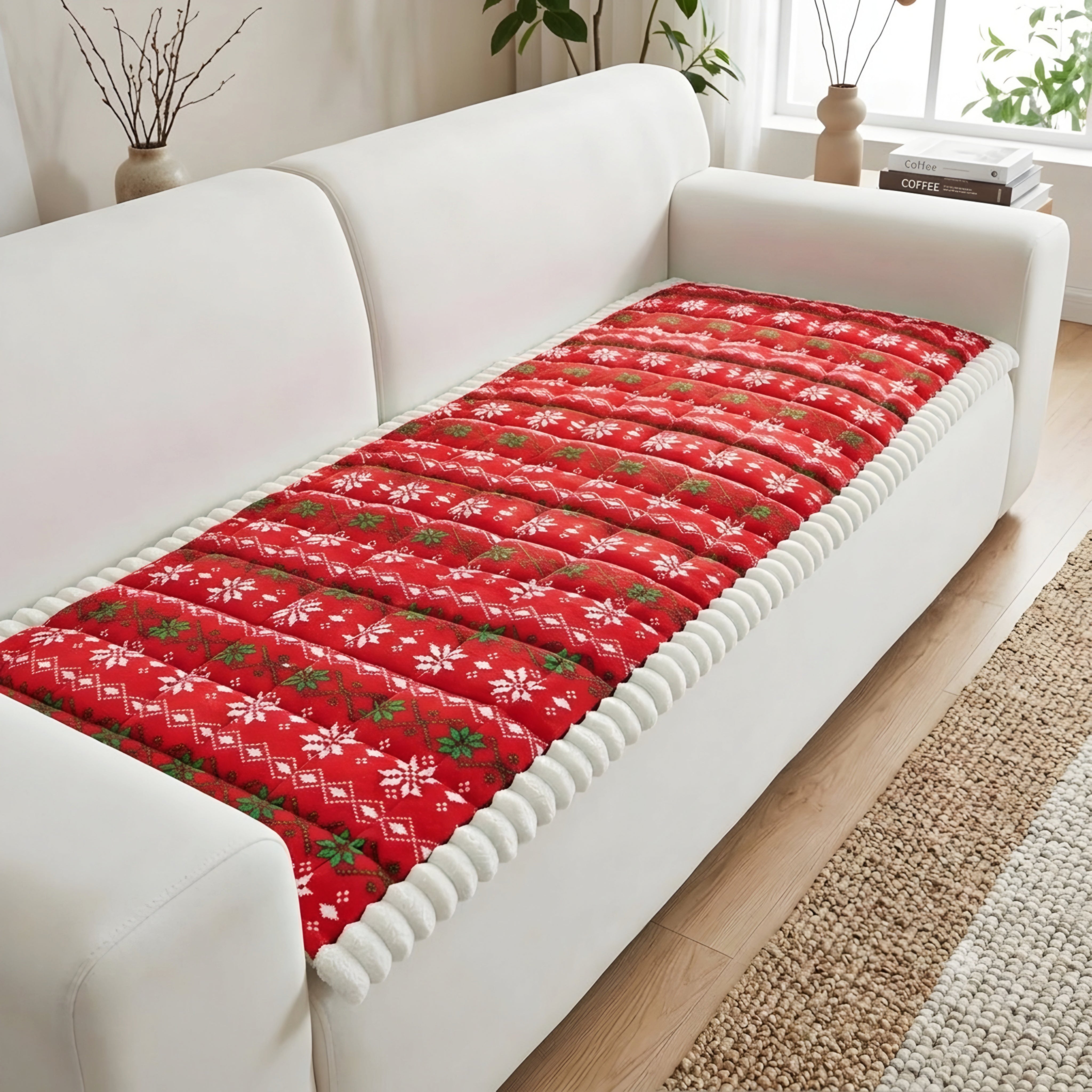 Nolwen Holiday Sofa Runner – Quilted Christmas Snowflake Couch Cover Decorative Red Festive Furniture Protector