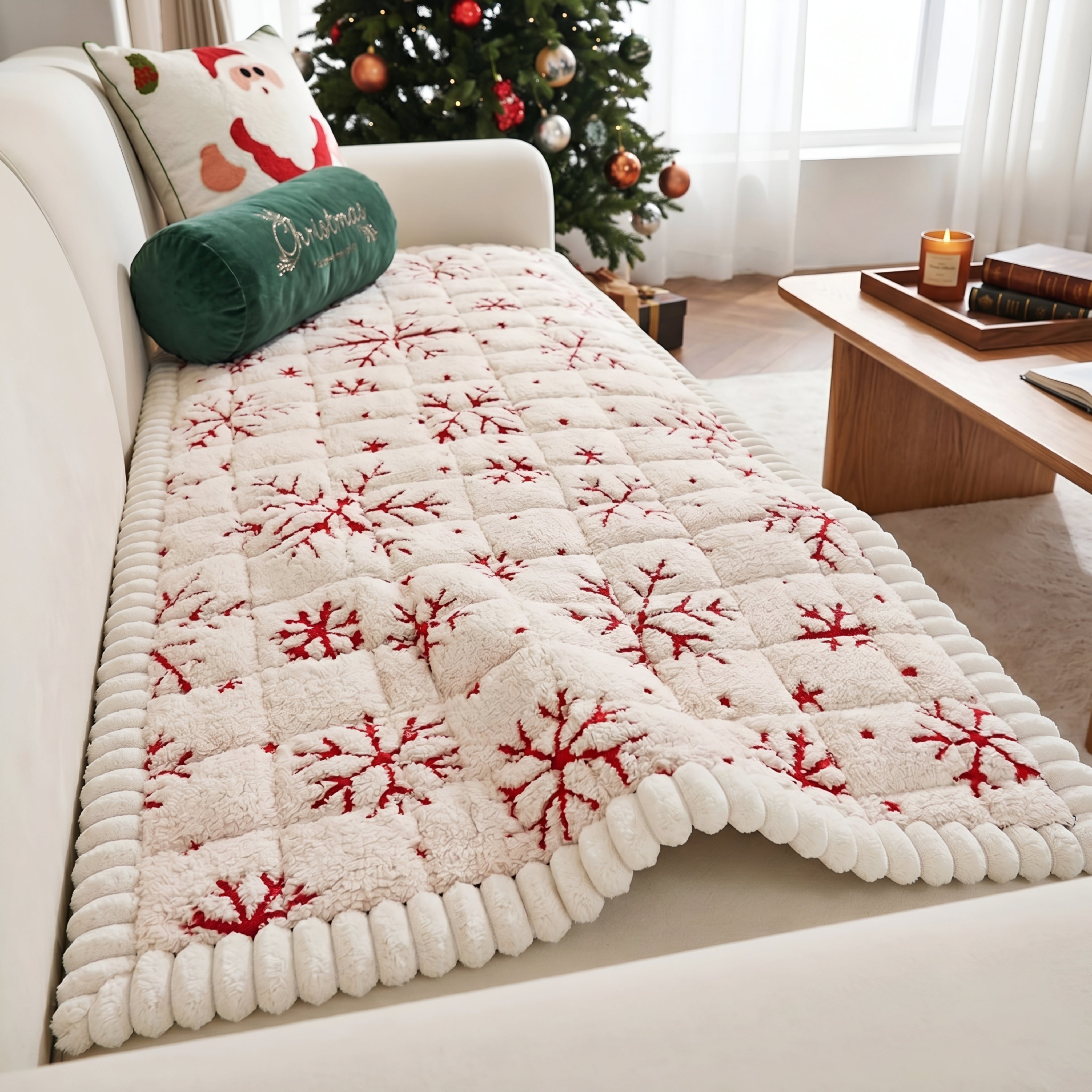 Nolwen Holiday Sofa Runner – Quilted Christmas Snowflake Couch Cover Decorative Red Festive Furniture Protector