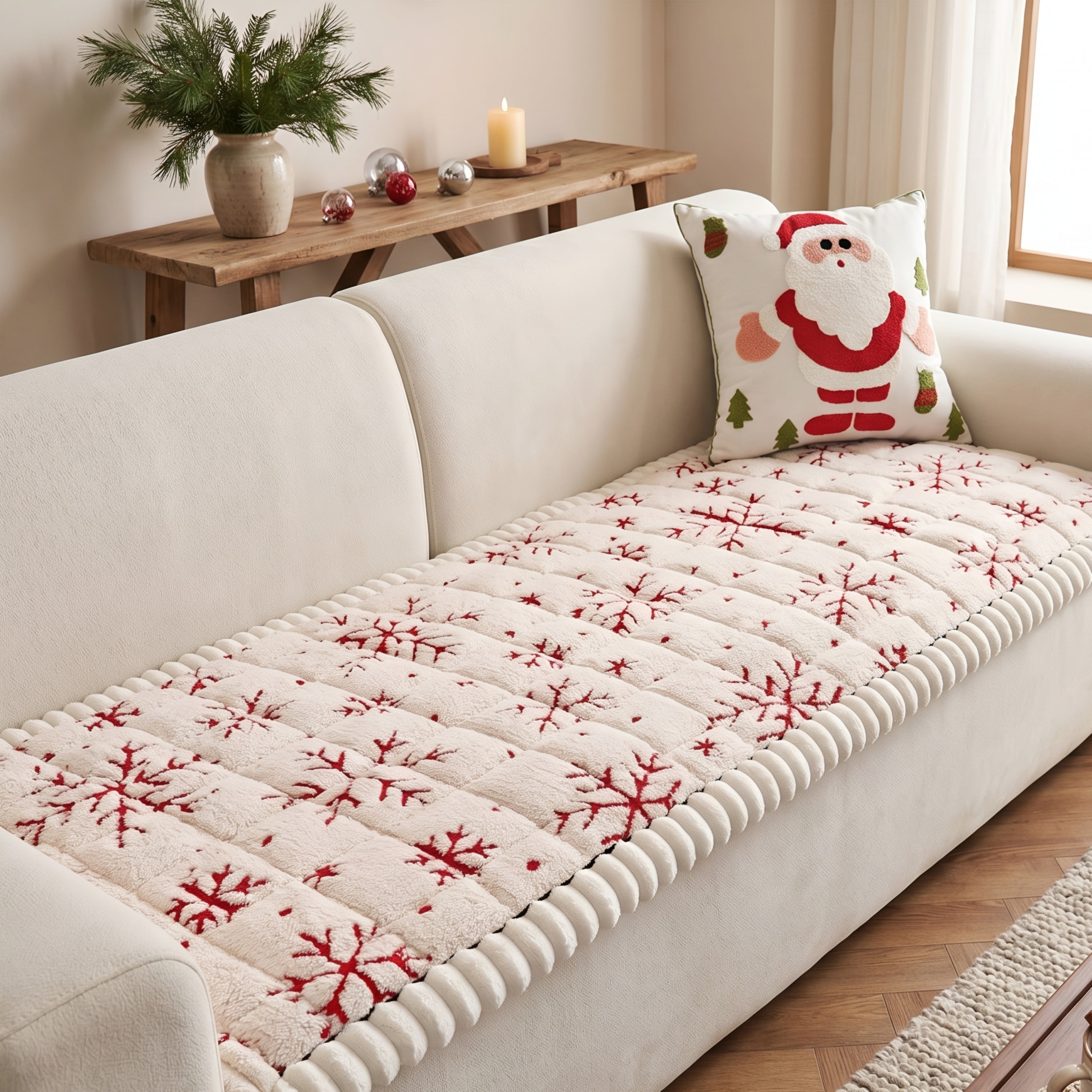 Nolwen Holiday Sofa Runner – Quilted Christmas Snowflake Couch Cover Decorative Red Festive Furniture Protector