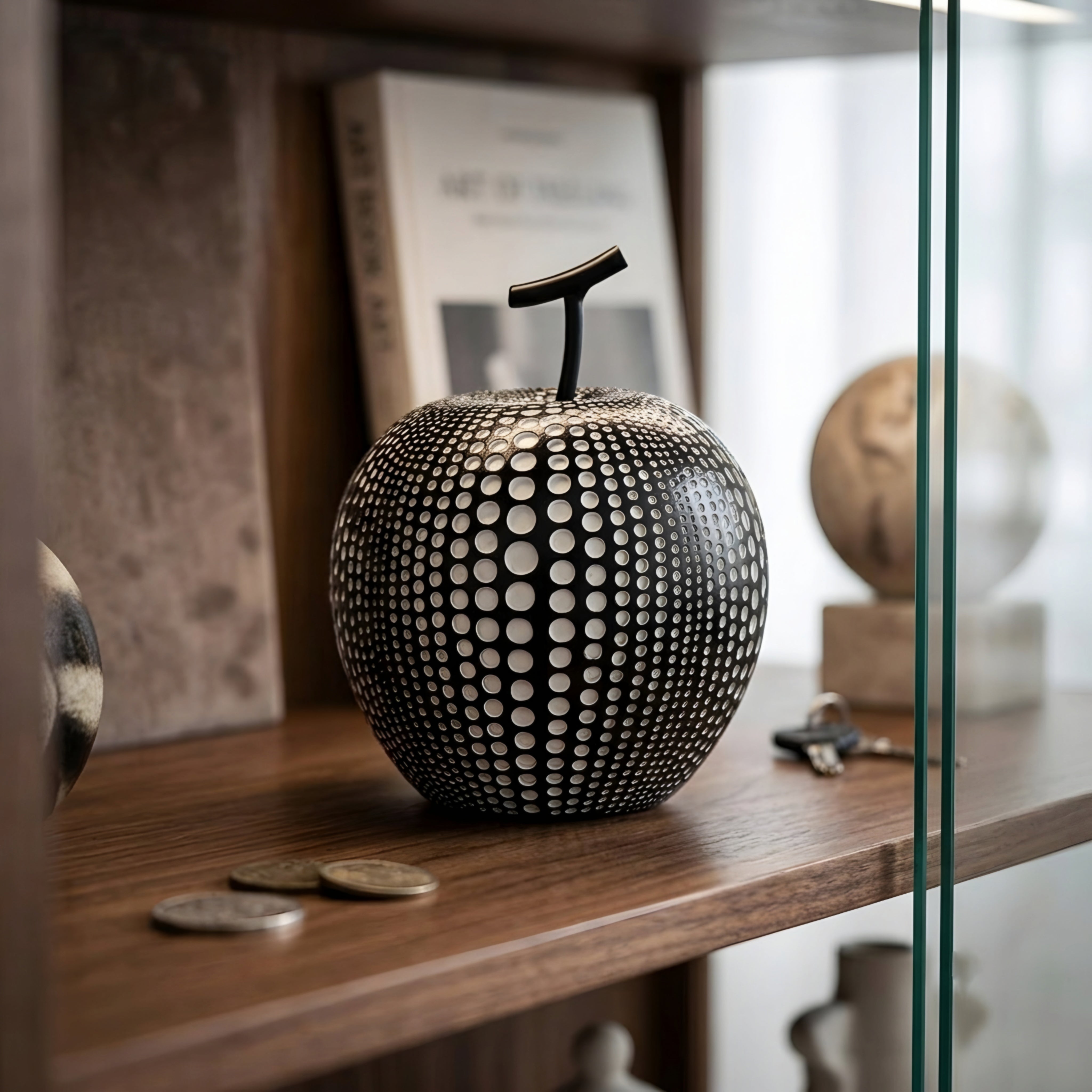 Pixelo Apple Sculpture – Modern Decorative Black Metal Dot Pattern Fruit Accent Decor Living Room