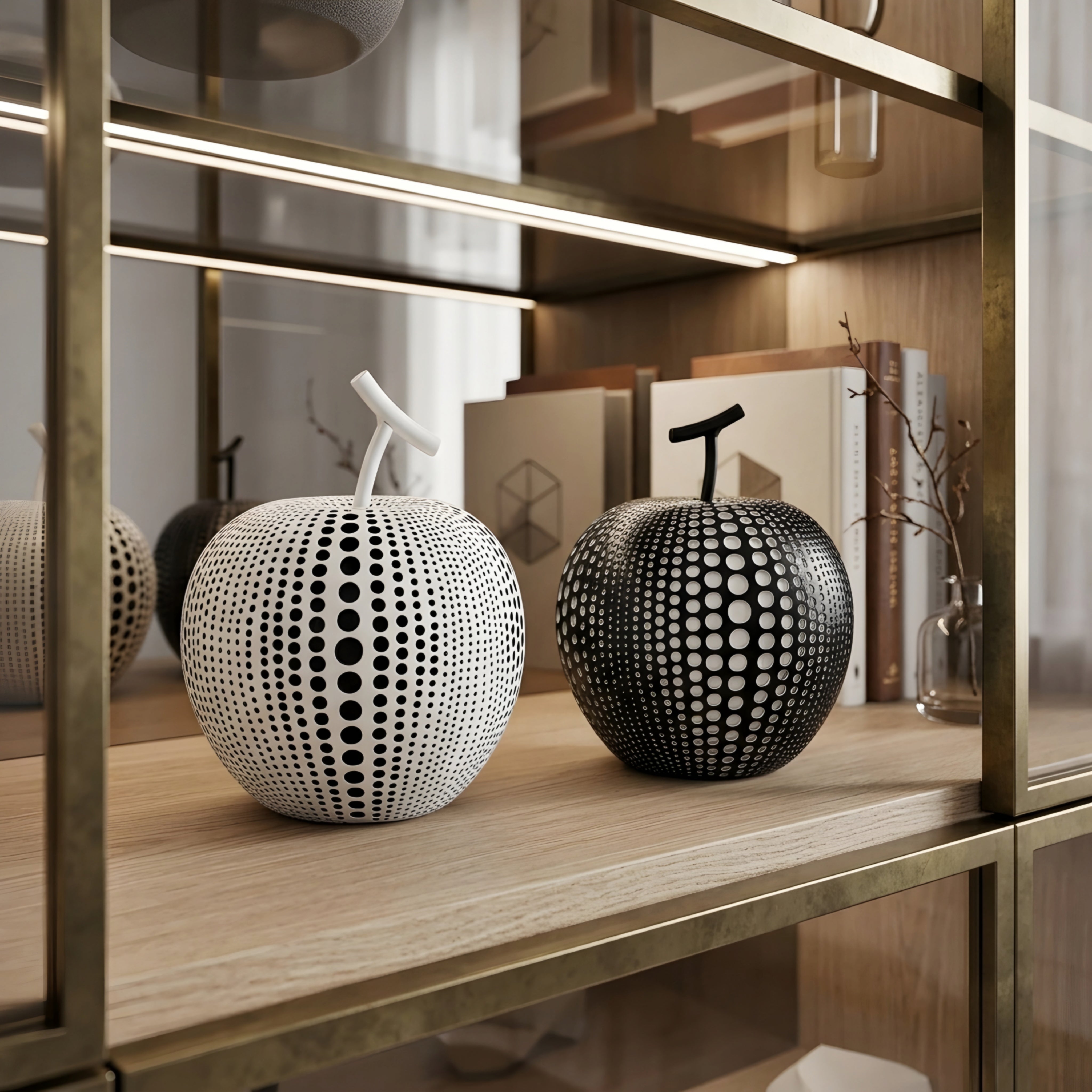 Pixelo Apple Sculpture – Modern Decorative Black Metal Dot Pattern Fruit Accent Decor Living Room
