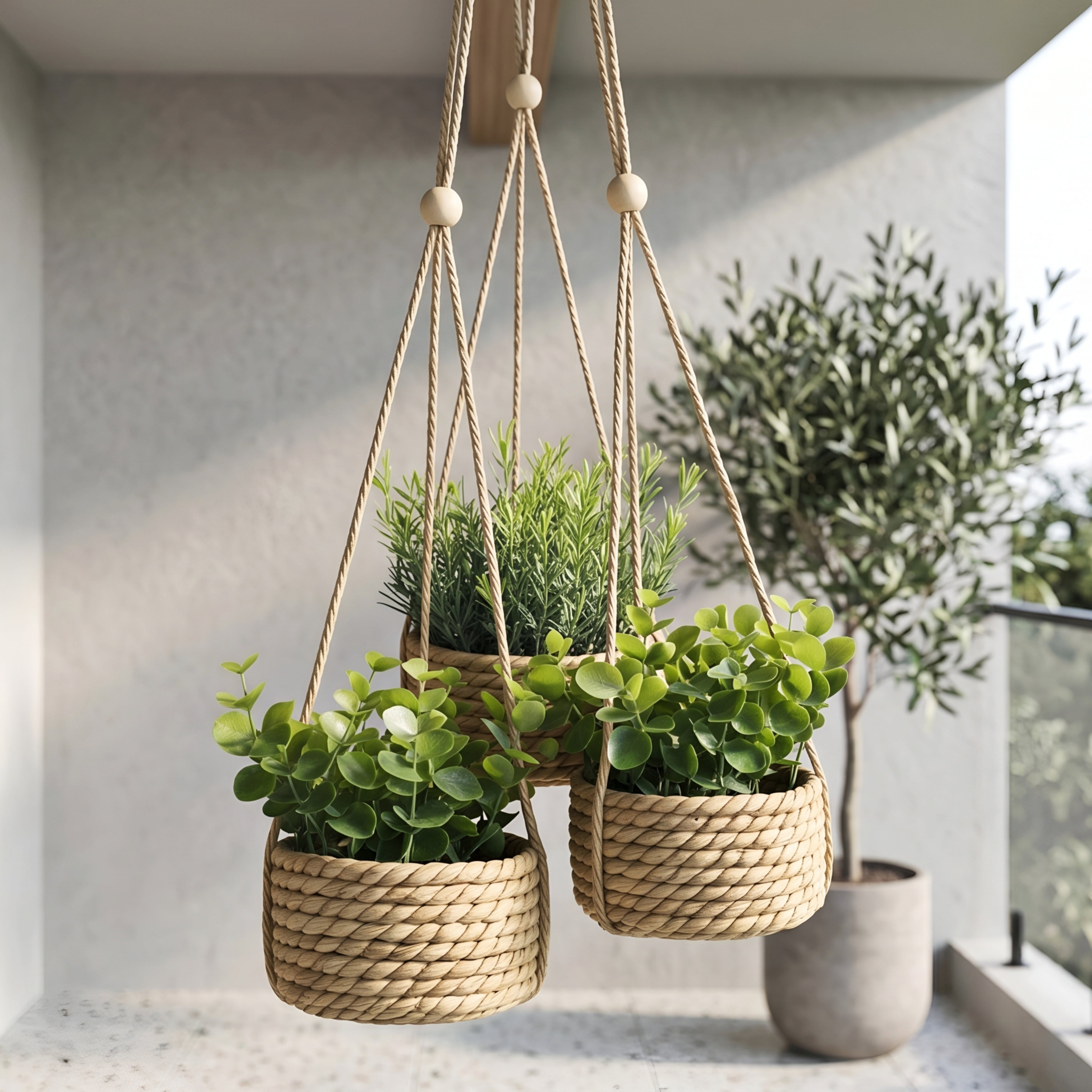Verdora Hanging Plant Basket – Faux Eucalyptus Woven Seagrass Planter Boho Farmhouse Home Decor