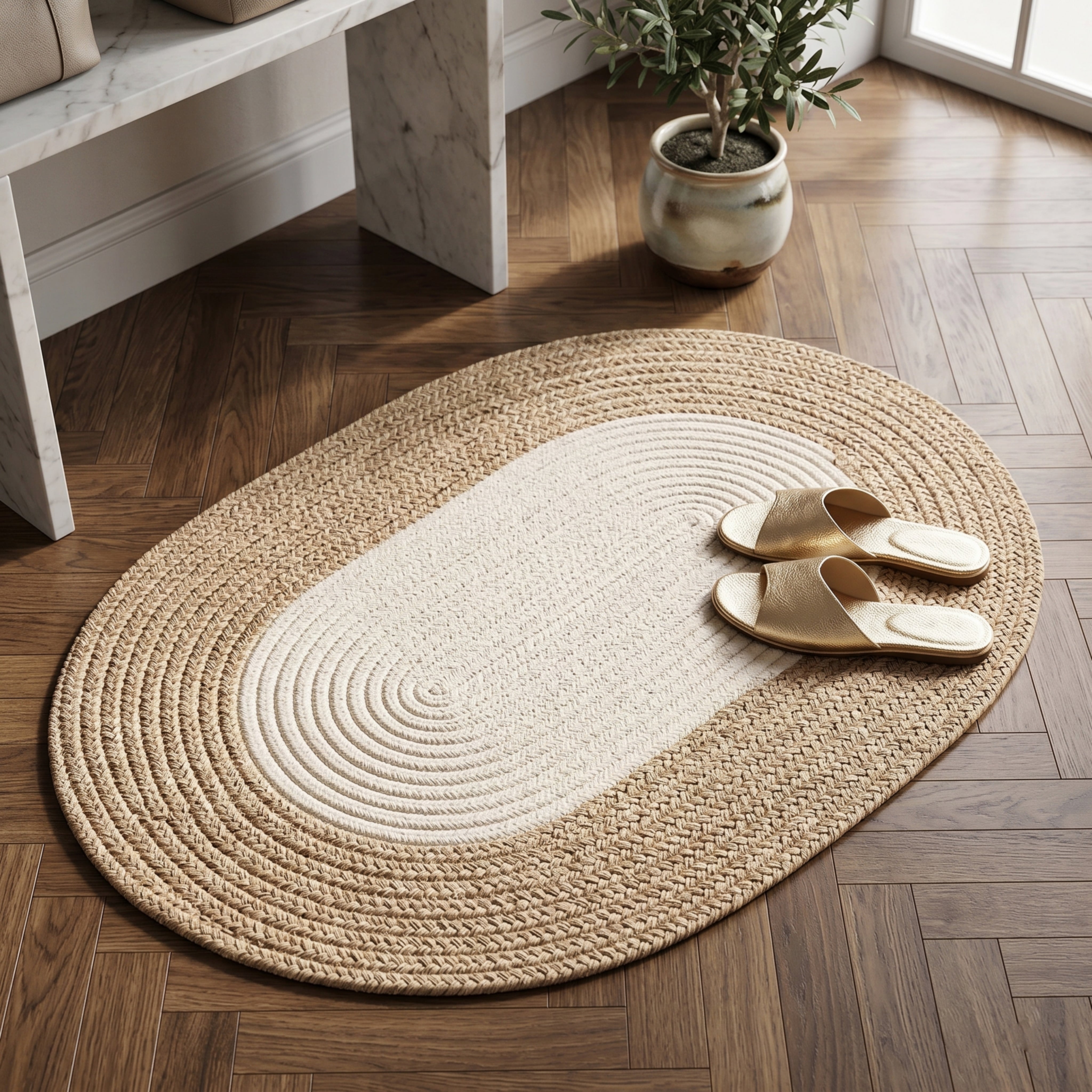 Coriso Oval Braided Rug – Natural Jute Cotton Woven Living Room Bedroom Floor Mat