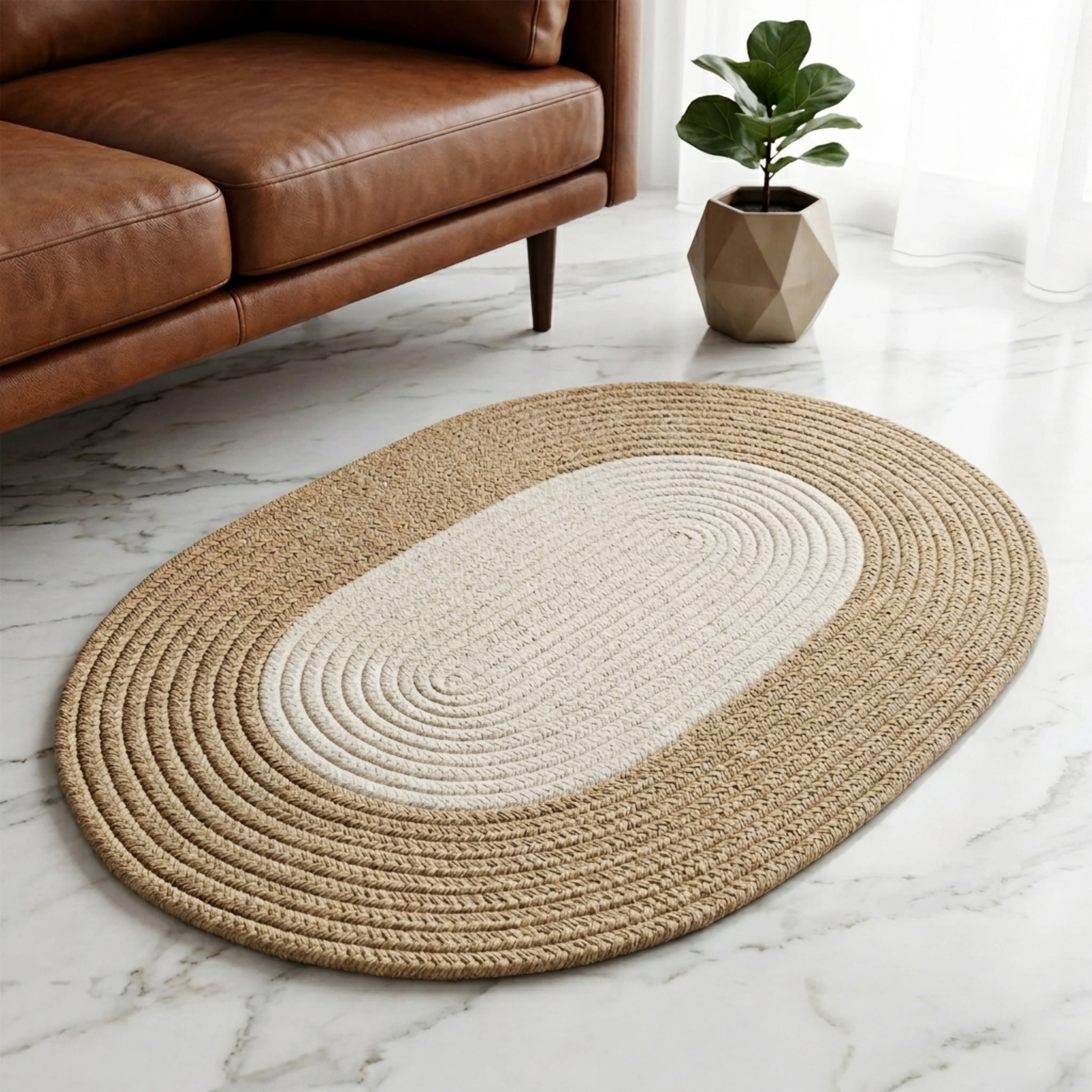 Coriso Oval Braided Rug – Natural Jute Cotton Woven Living Room Bedroom Floor Mat