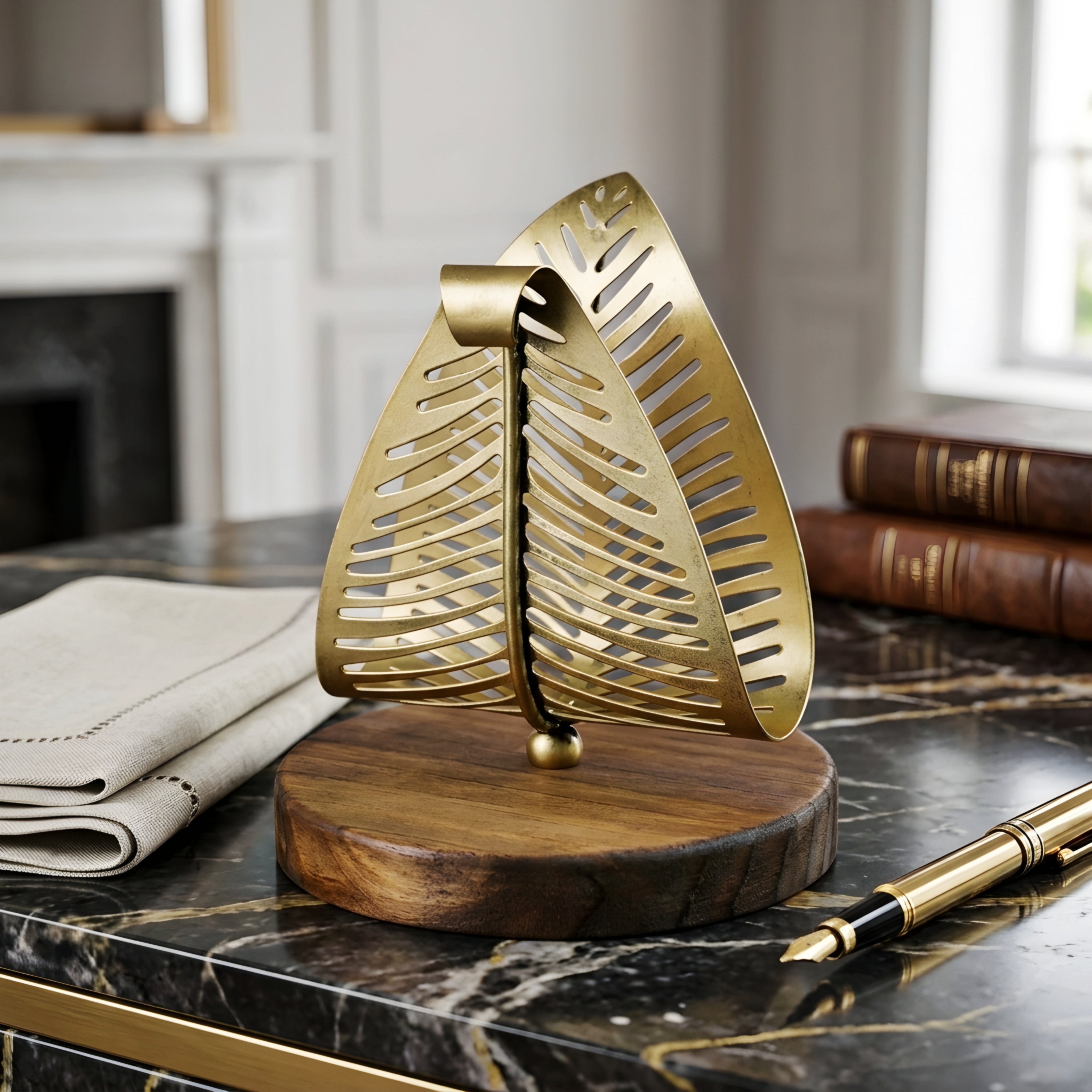 Palmera Leaf Tissue Holder – Brass Metal Decorative Napkin Stand Wood Base Bathroom Kitchen Decor