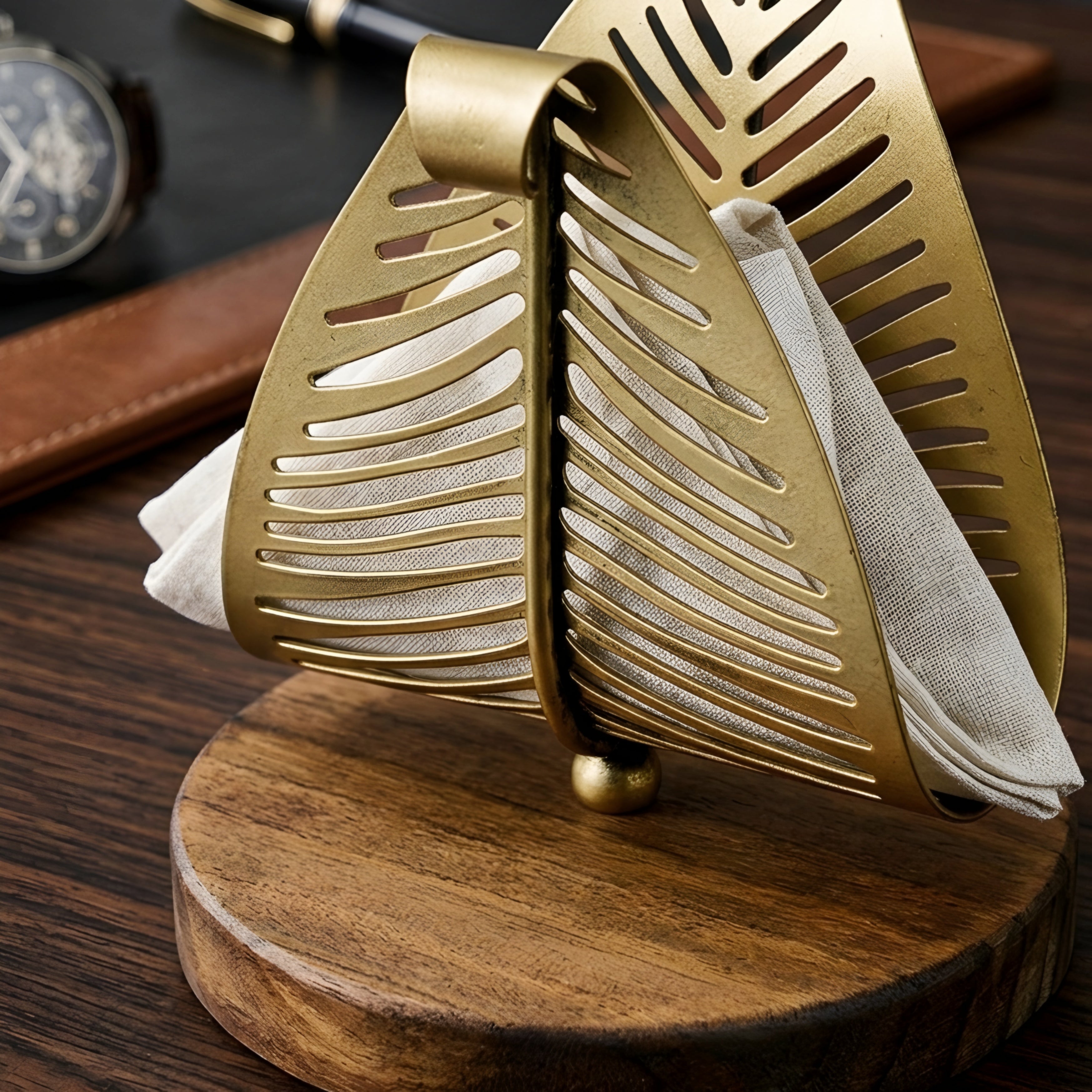 Palmera Leaf Tissue Holder – Brass Metal Decorative Napkin Stand Wood Base Bathroom Kitchen Decor