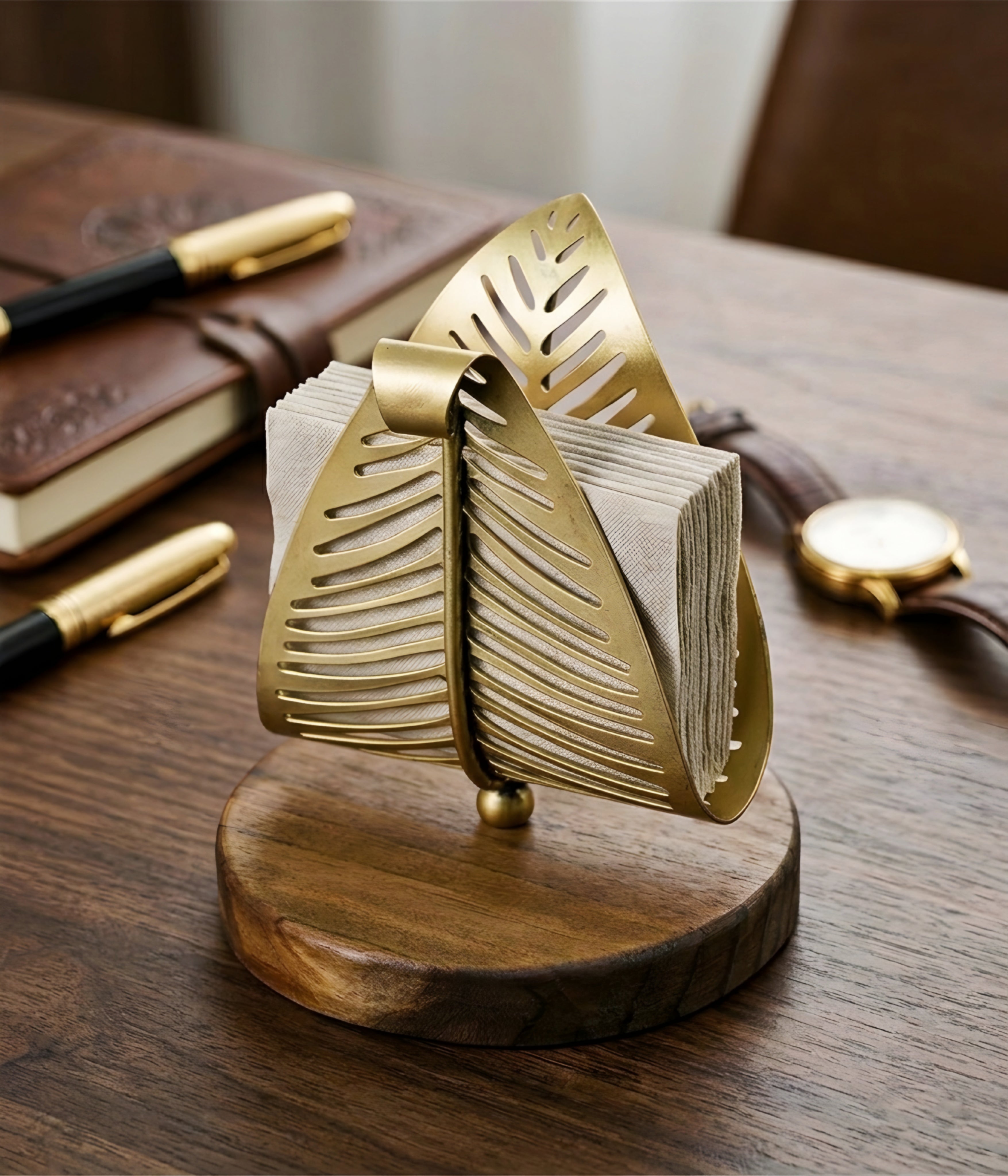 Palmera Leaf Tissue Holder – Brass Metal Decorative Napkin Stand Wood Base Bathroom Kitchen Decor