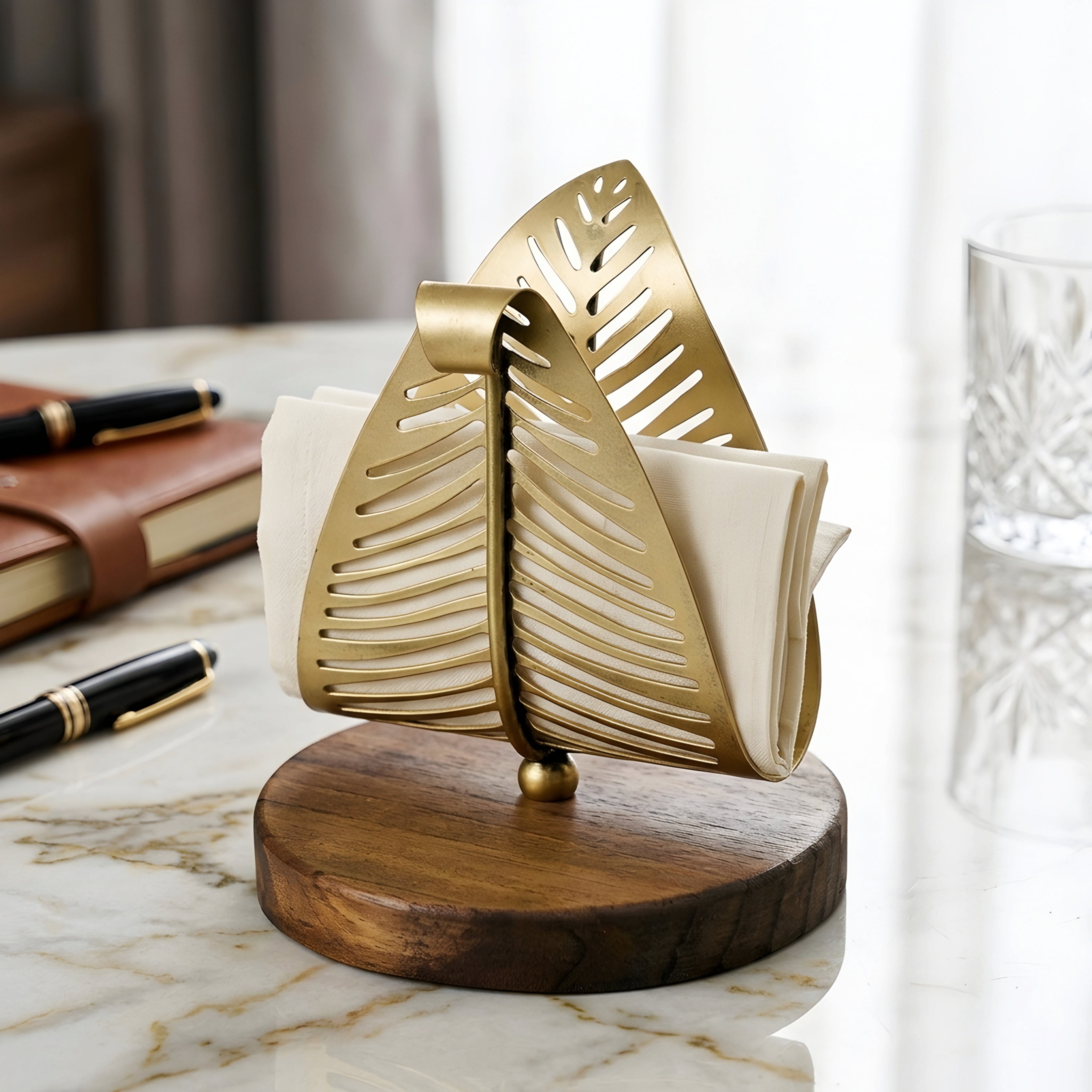 Palmera Leaf Tissue Holder – Brass Metal Decorative Napkin Stand Wood Base Bathroom Kitchen Decor