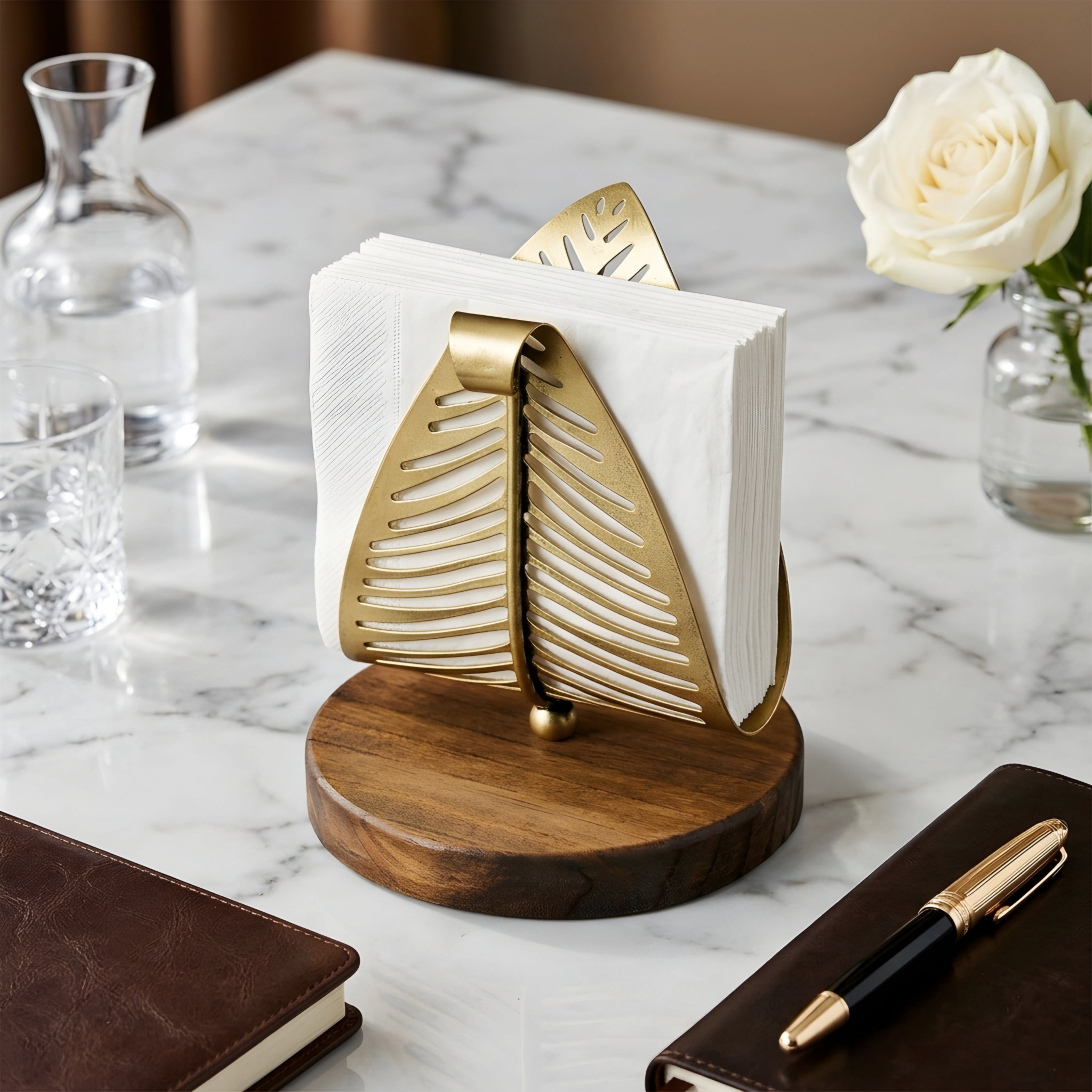 Palmera Leaf Tissue Holder – Brass Metal Decorative Napkin Stand Wood Base Bathroom Kitchen Decor